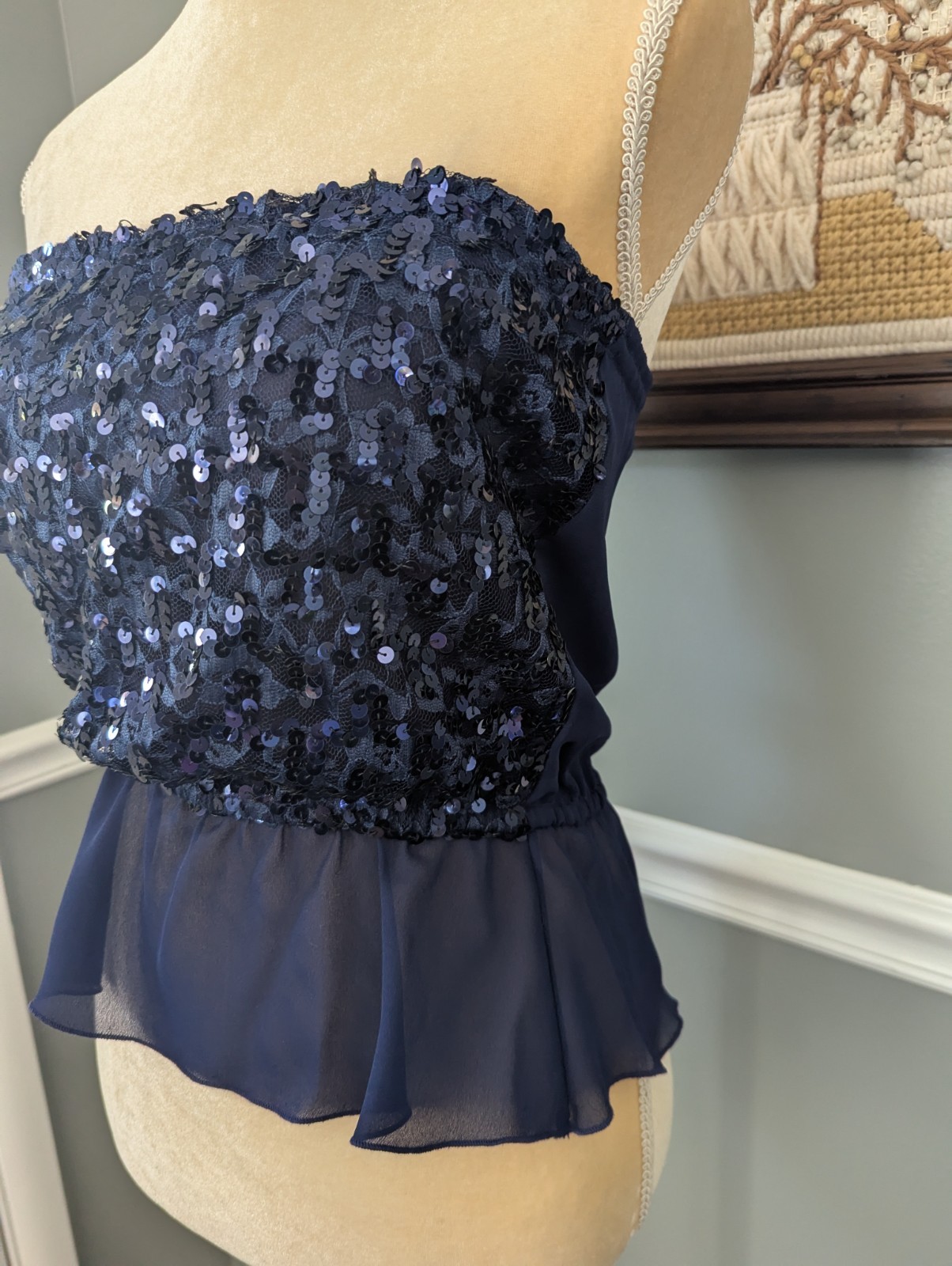 Vintage 70s Frere Jacques Navy Metallic Sequin Glitter Disco Tube Top Strapless