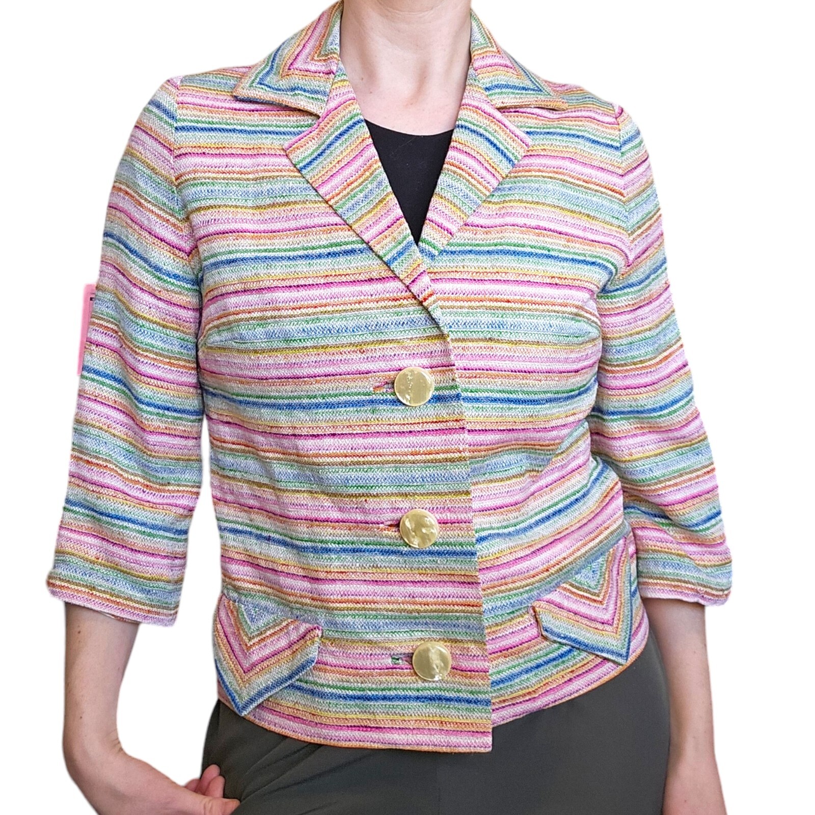 Vintage 60s 70s Rainbow Striped Blazer Jacket Small Big Buttons Colorful Pink