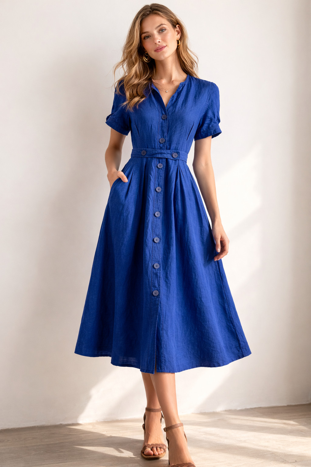 Vintage Albert Nipon Holt Renfrew Blue 100% Linen Midi Dress M