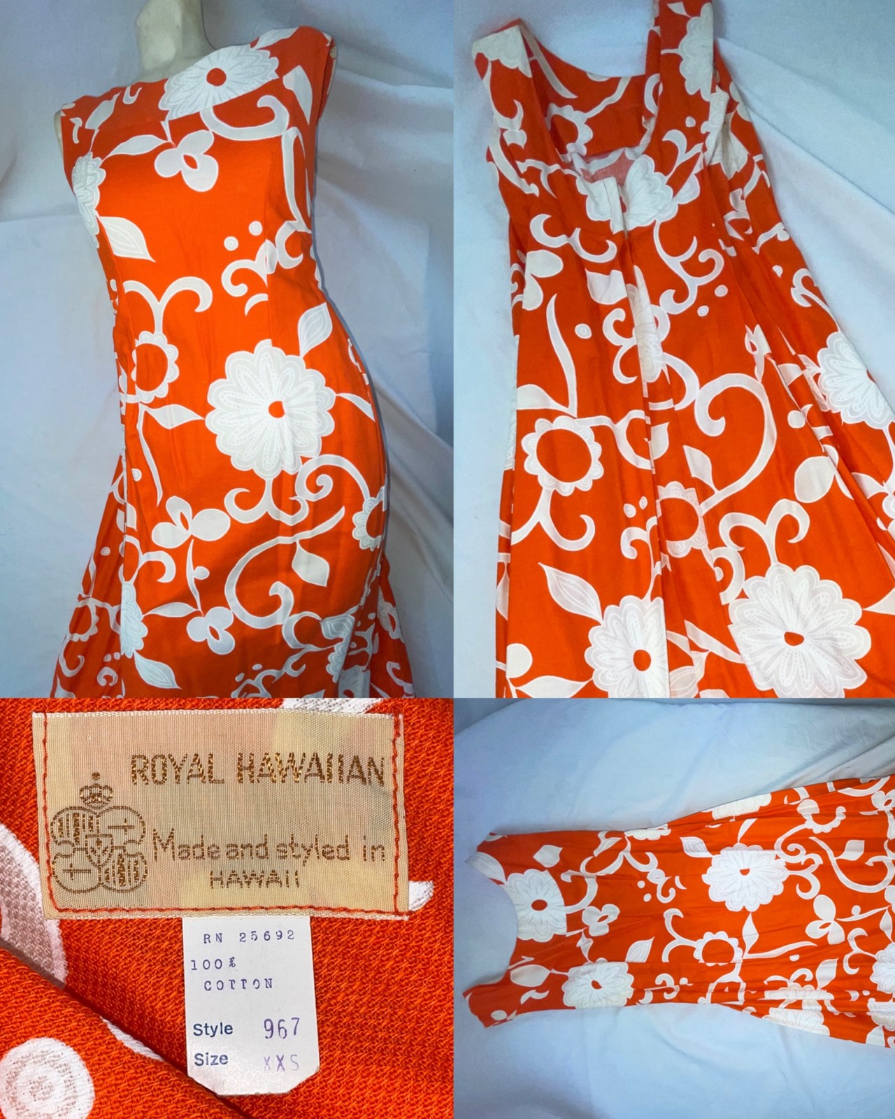 VTG 60S WOMENS X XS S BOLD ROYAL HAWAIIAN FLOWER PRINT BARKCLOTH SURF DRESS