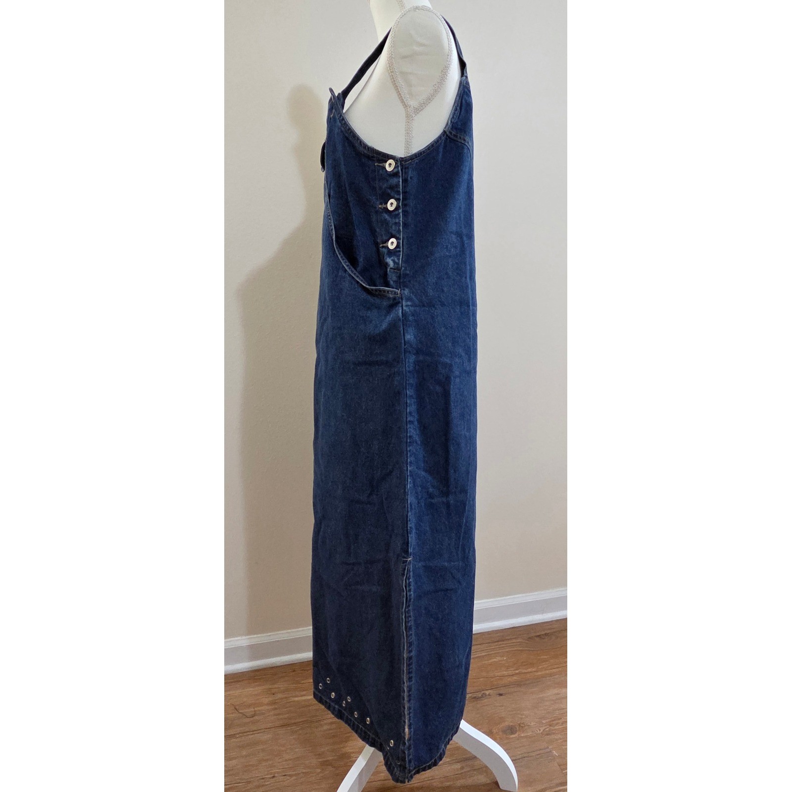 Sunshine Apparel Vintage Denim Overall Maxi Dress Dark Wash Grommet Detail Small