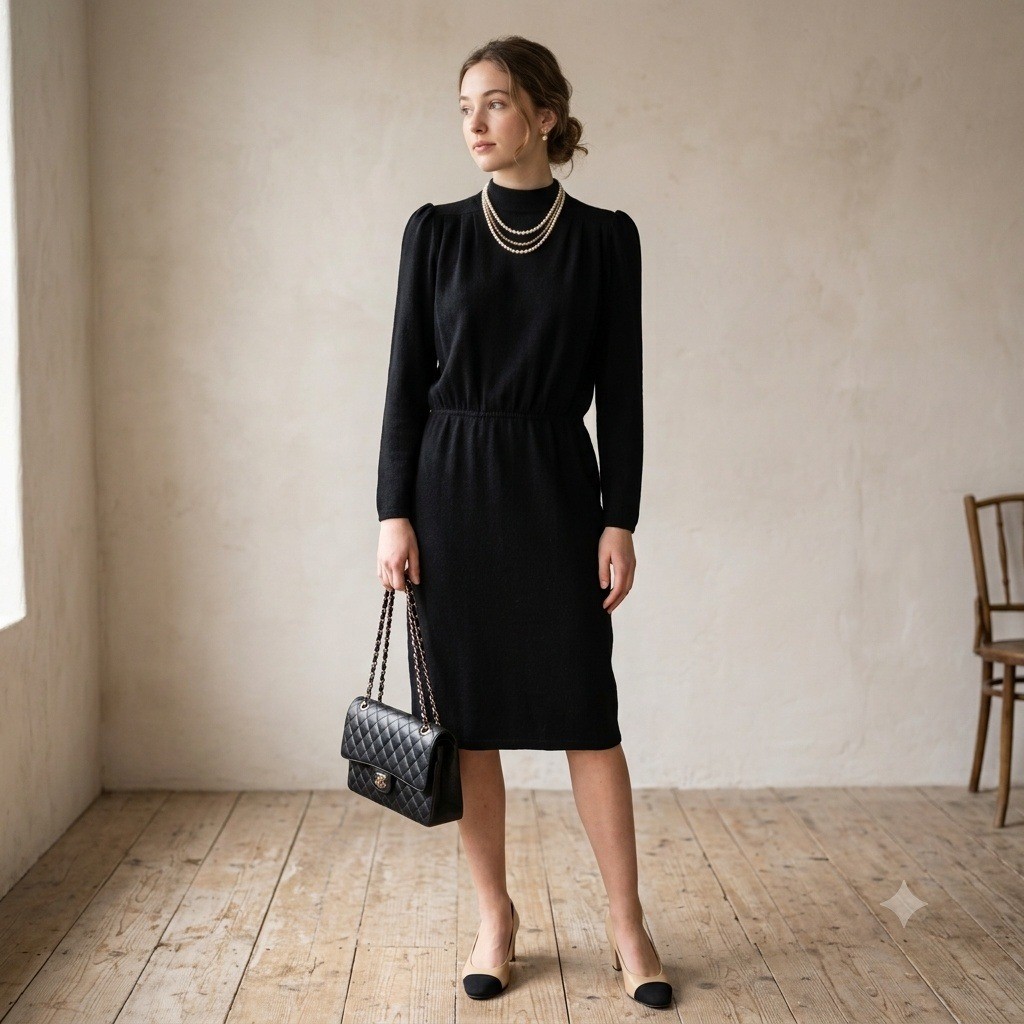 Vintage 80s St. John Womens Dress 8 Black Pleated Mock Neck Santana Knit Luxury