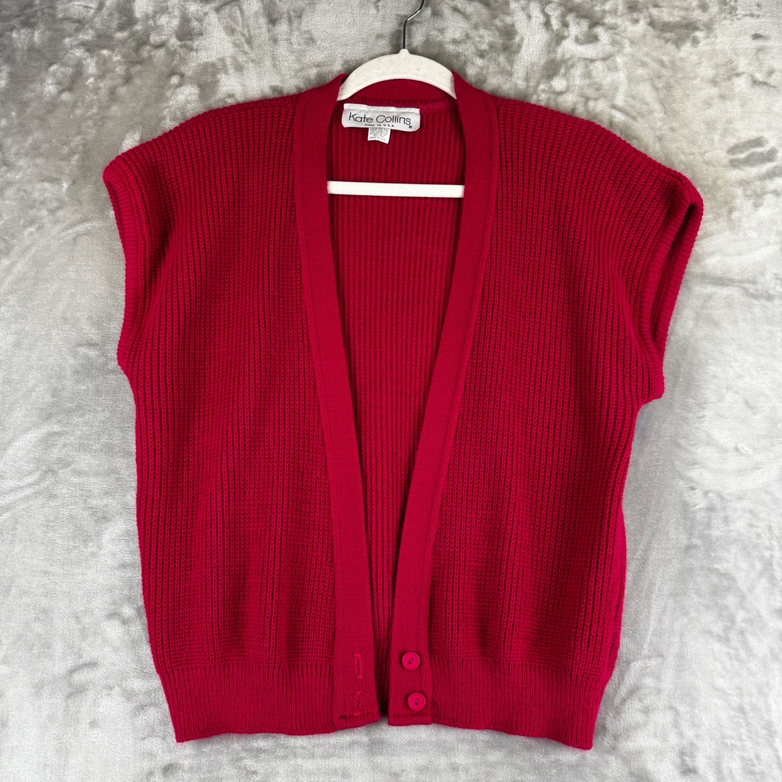 Kate Collins Sweater Vest Womens OS Red Ribbed Knit Button Front Vintage (1528)