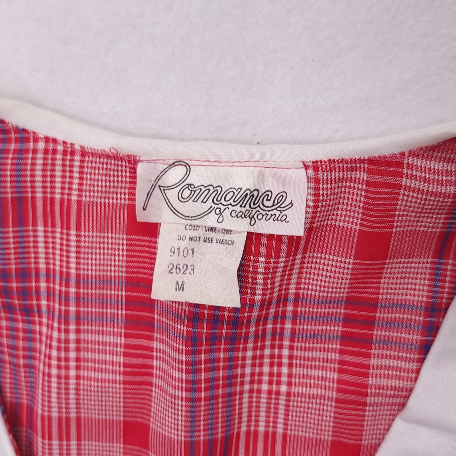 Romance of California Vintage Red Plaid Sailor Collar Blouse Blue Bow Medium