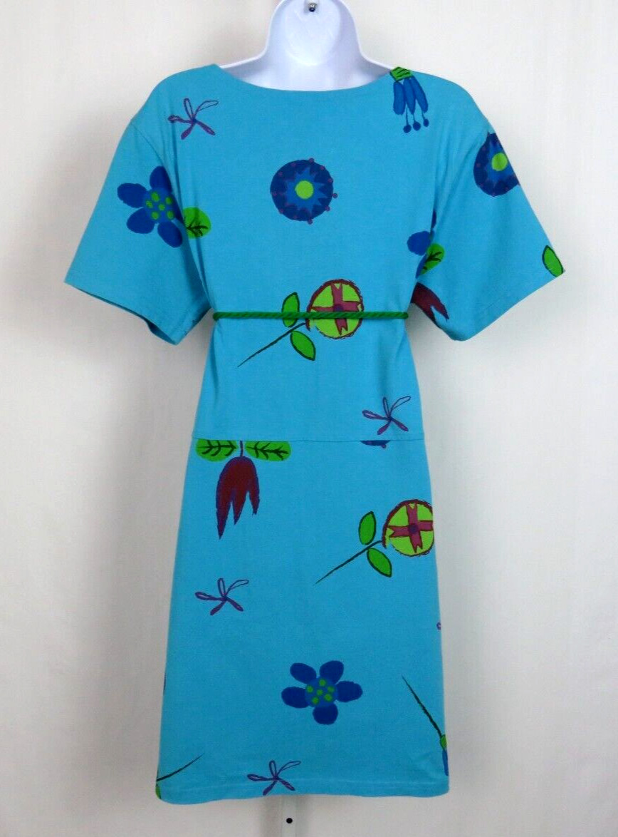 VTG 1980s 90s RED GINGER MEDIUM COTTON DRESS MOD FLOWERS ROPE BELT AQUA BLUE