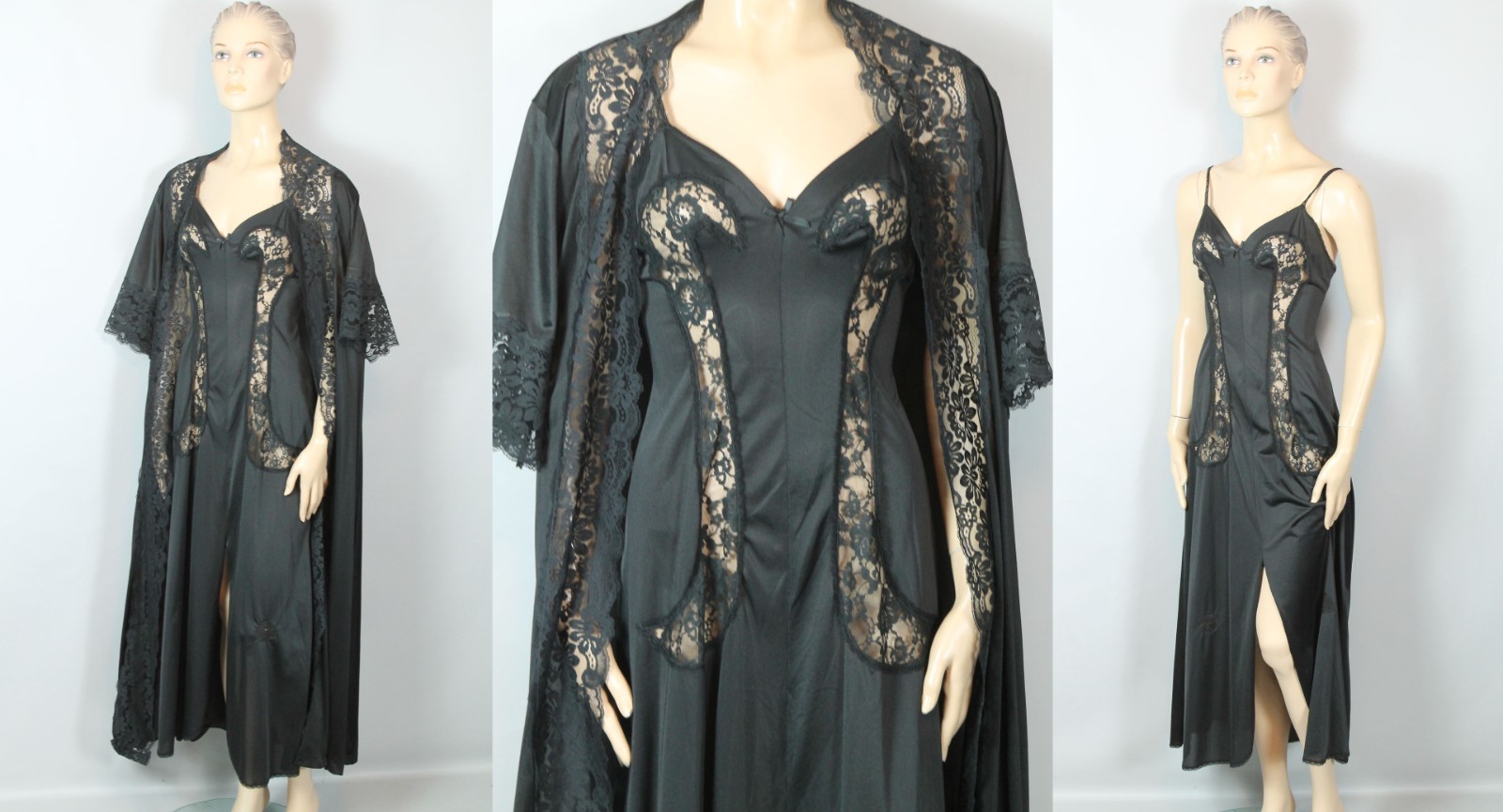 Vtg GLYDONS Made USA Hollywood Black Nylon Lace 2pc Peignoir Nightgown Robe M