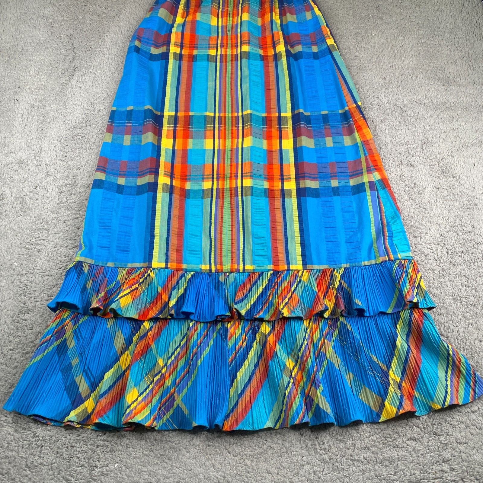 Vintage Ruth Norman Maxi Dress Womens Small Blue Plaid Short Sleeve Poly