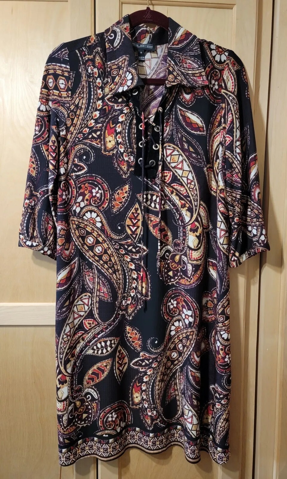 Vtg Karin Stevens 70’s Retro Boho Hippie Paisley Knit Lace-Up Drawstring Dress