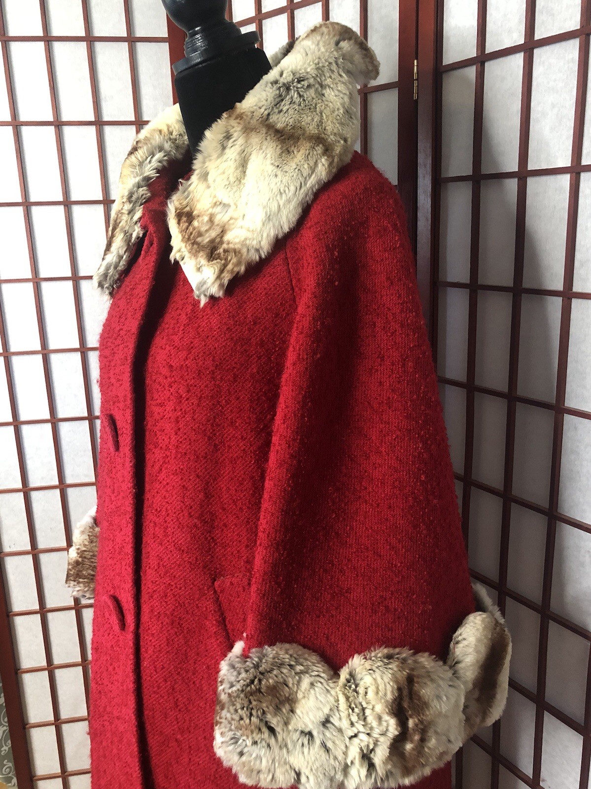 Vintage 1950s Red Nubby Boucle Swing Rockabilly Fur Trim Coat Med/Large