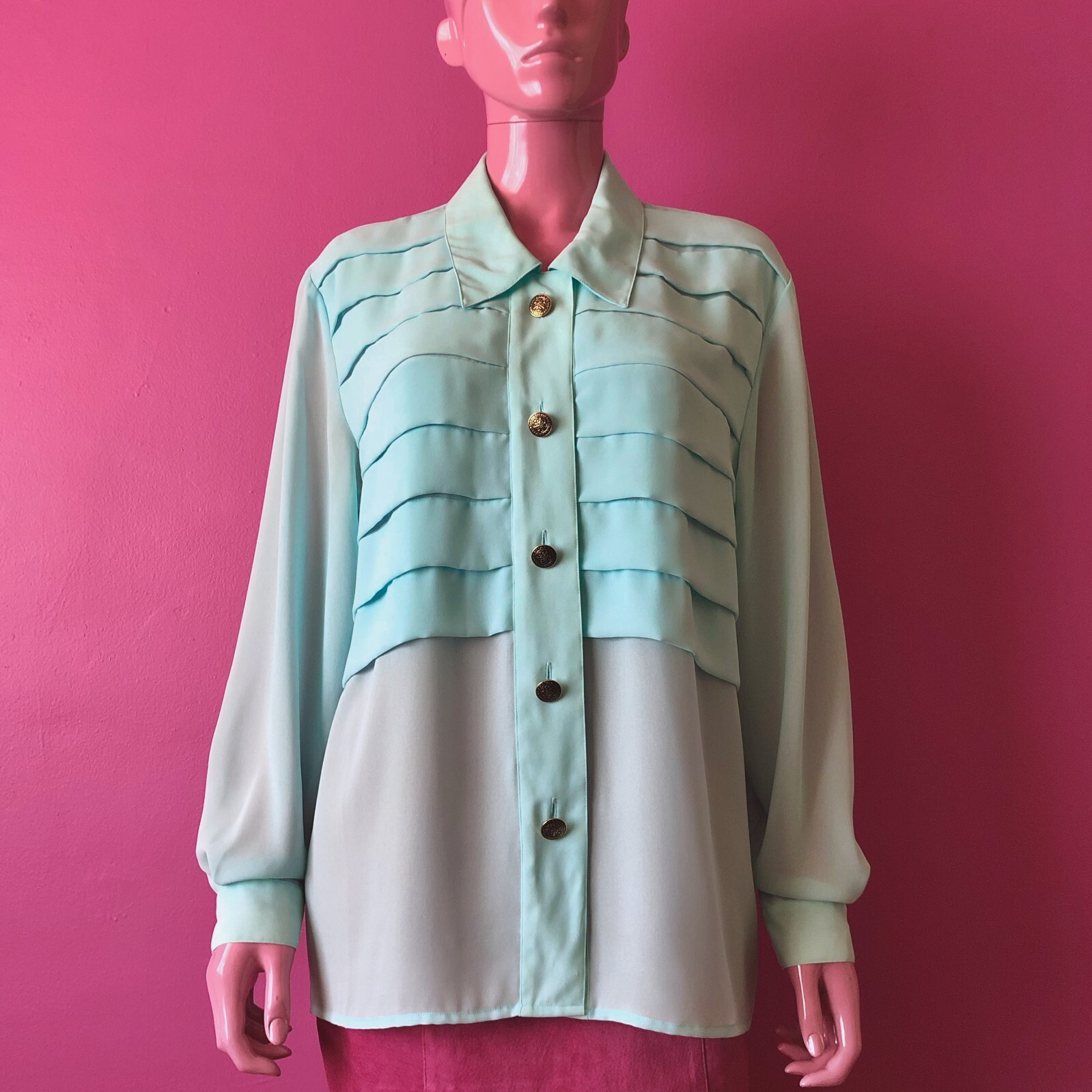 Vintage 80s M/L Chiffon Blouse Aqua Pastel Bill Blass Pleat Gold Button Down Top