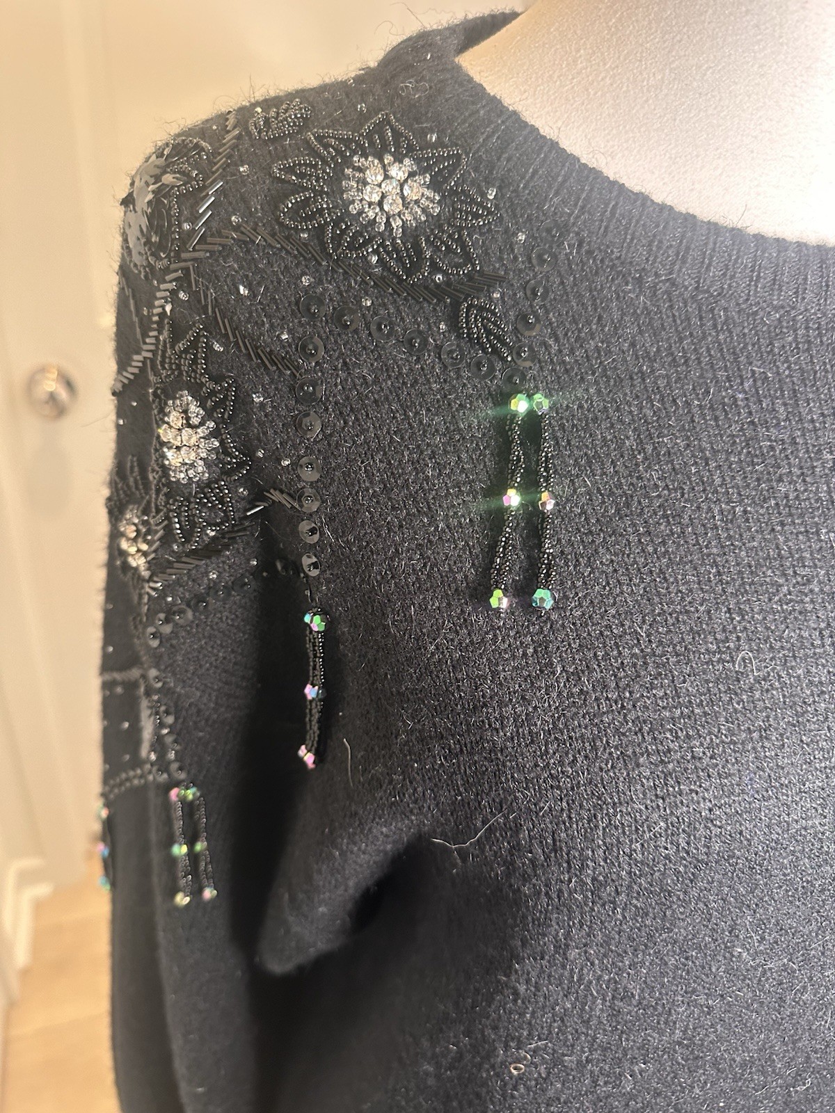 Vintage Belldini Black Beaded Sweater Dress Angora Blend Rhinestone Size L