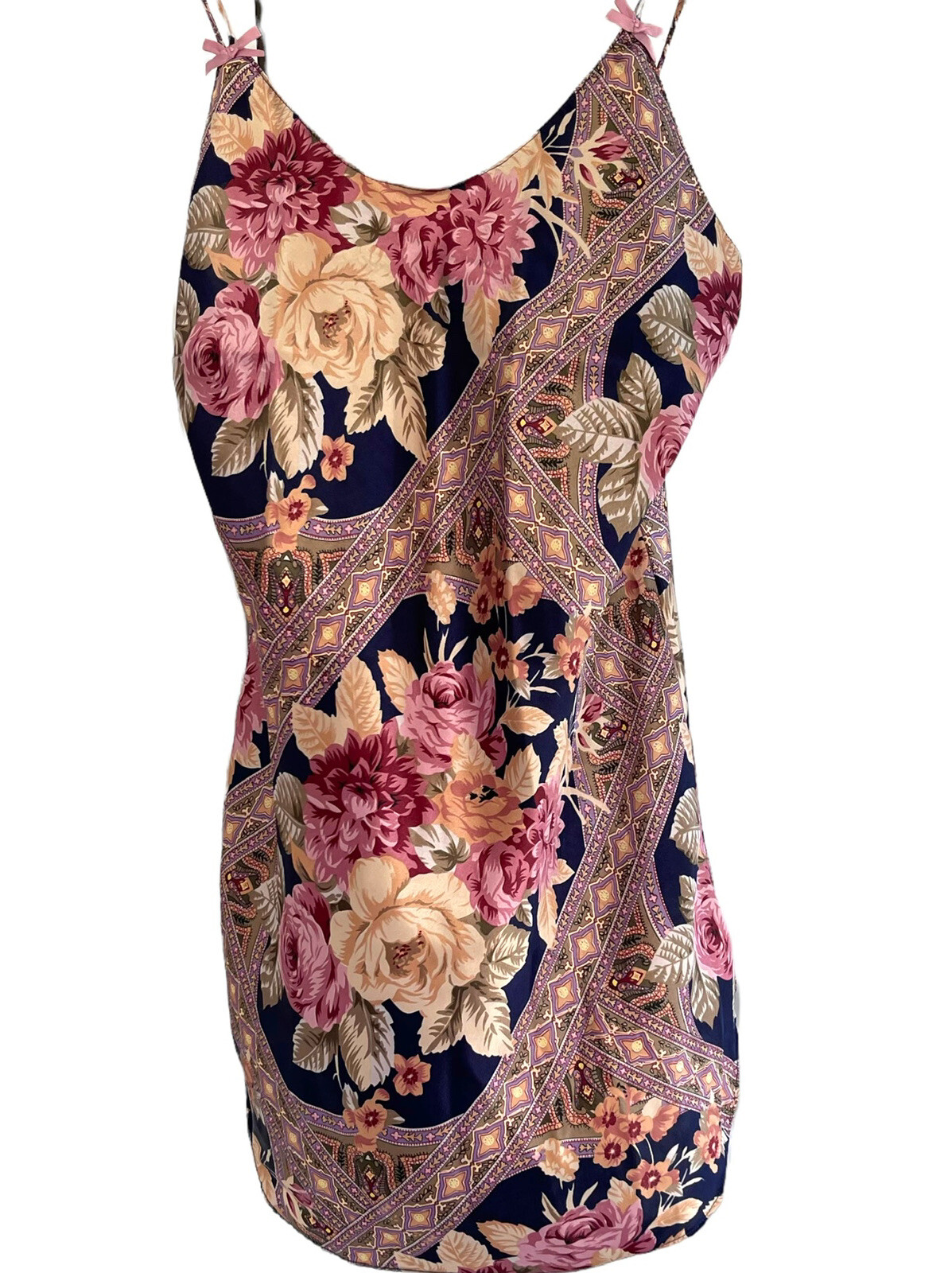 Vintage CIRCA 2000 Peignoir Set Sz M Pink Roses Floral Short Slip Nightie Robe