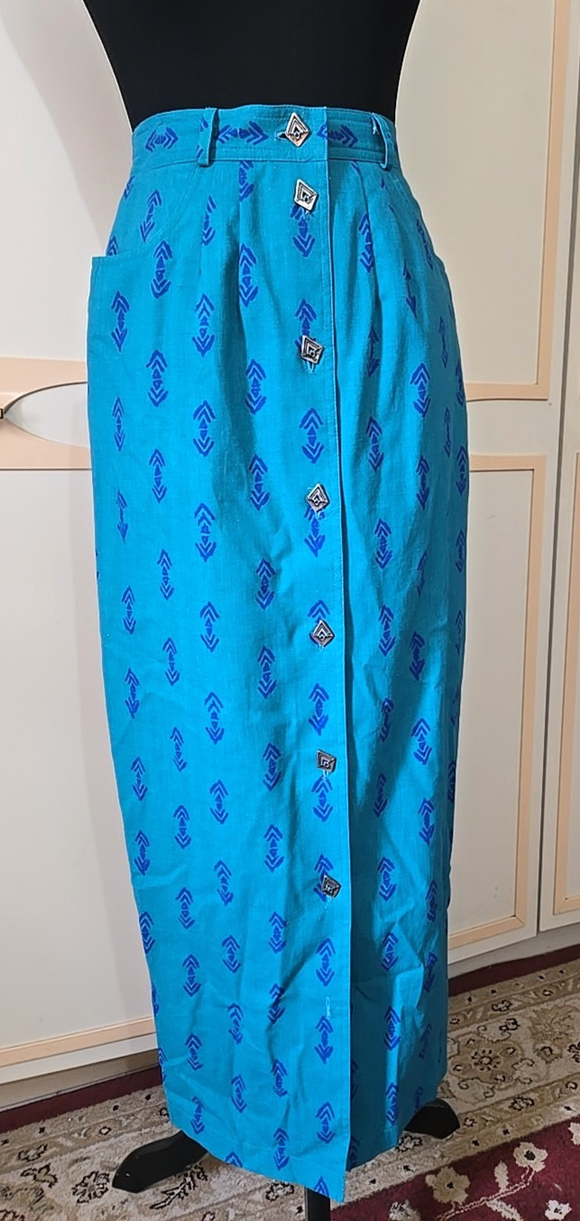 VnTG 90s Western Skirt~ Column Style, Teal Print 100% Cotton, Conchos, Long, XS
