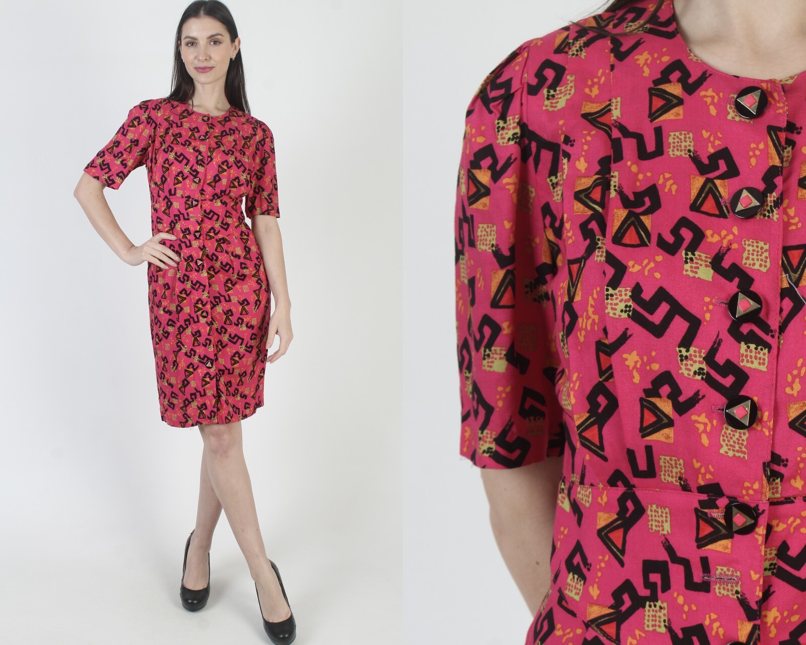 Vintage New Wave Dress Hot Pink All Over Print Pencil Skirt 80s Cocktail Party