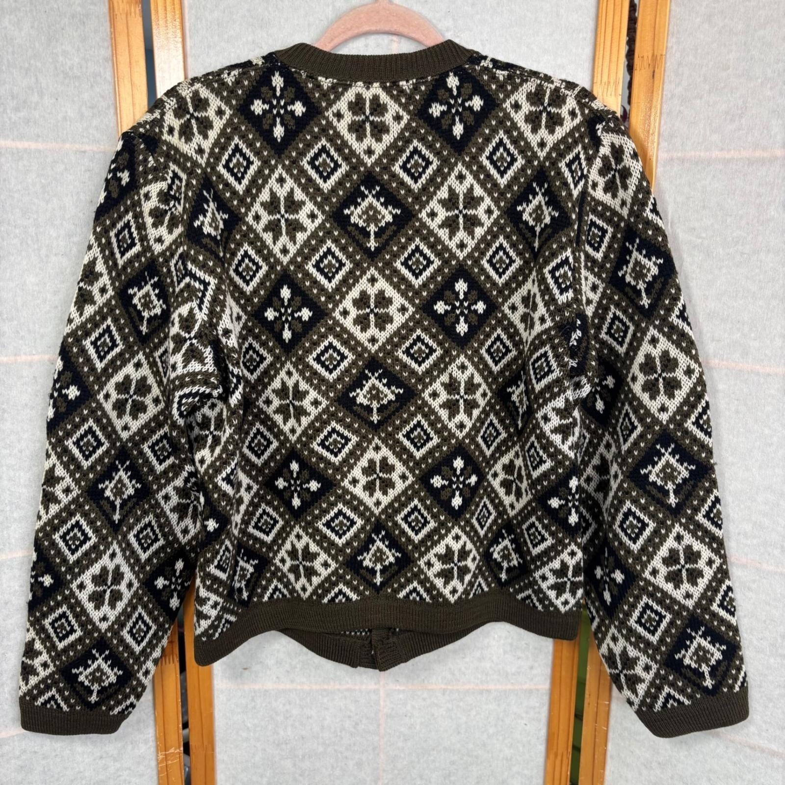 Vintage Jersild Virgin Wool Fair Isle Cardigan Sweater Olive Green Geometric L