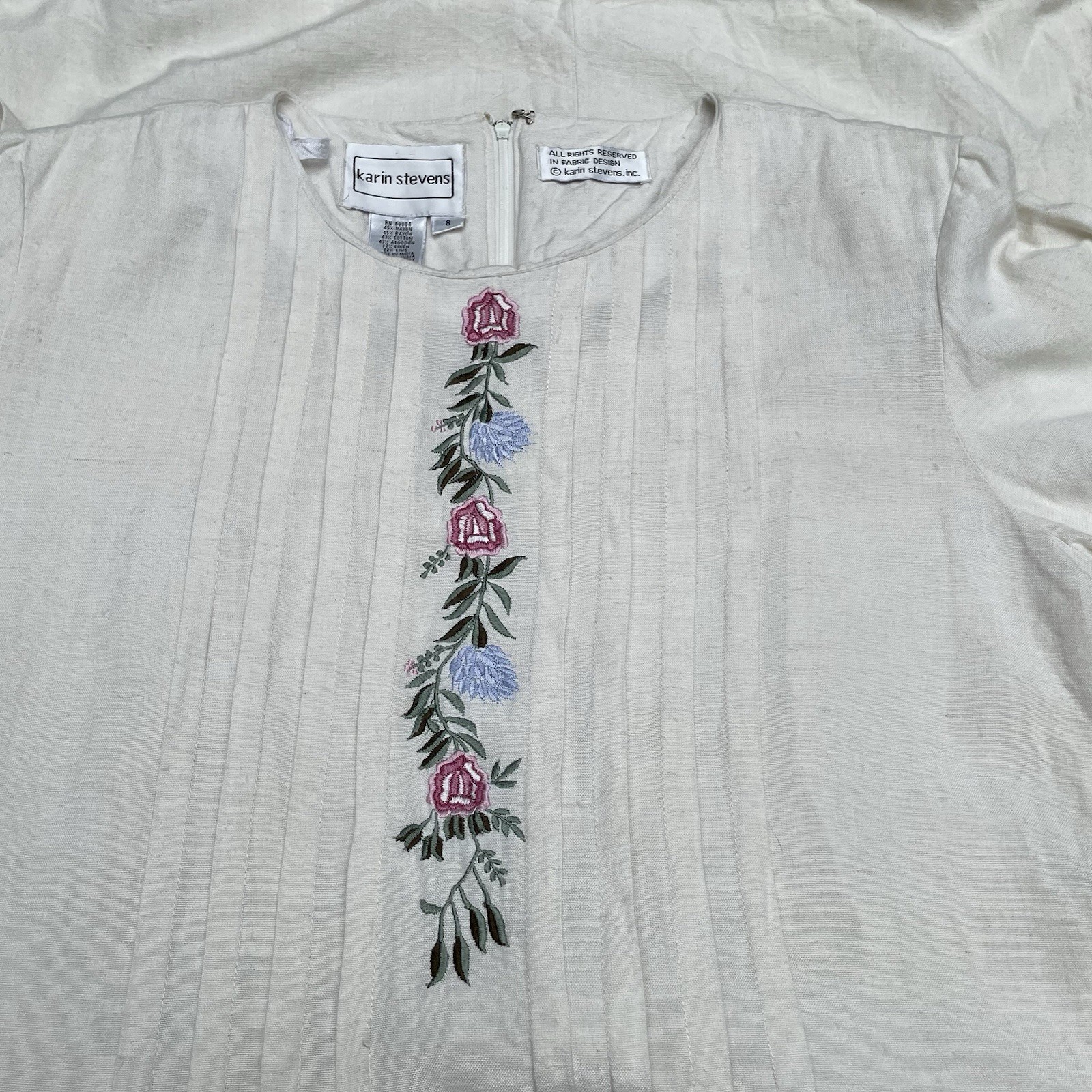 Cottagecore Prairie White Embroidered Midi Dress Pintuck Linen Blend Karin Steve