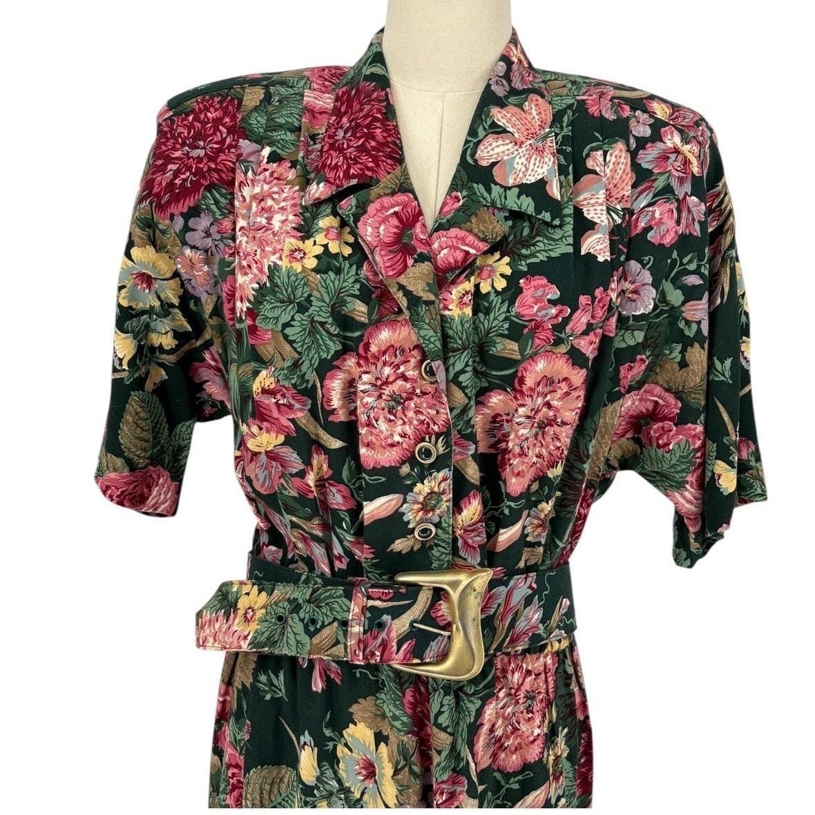 Vintage Lady Carol of New York Floral Midi Dress Green Belted 16