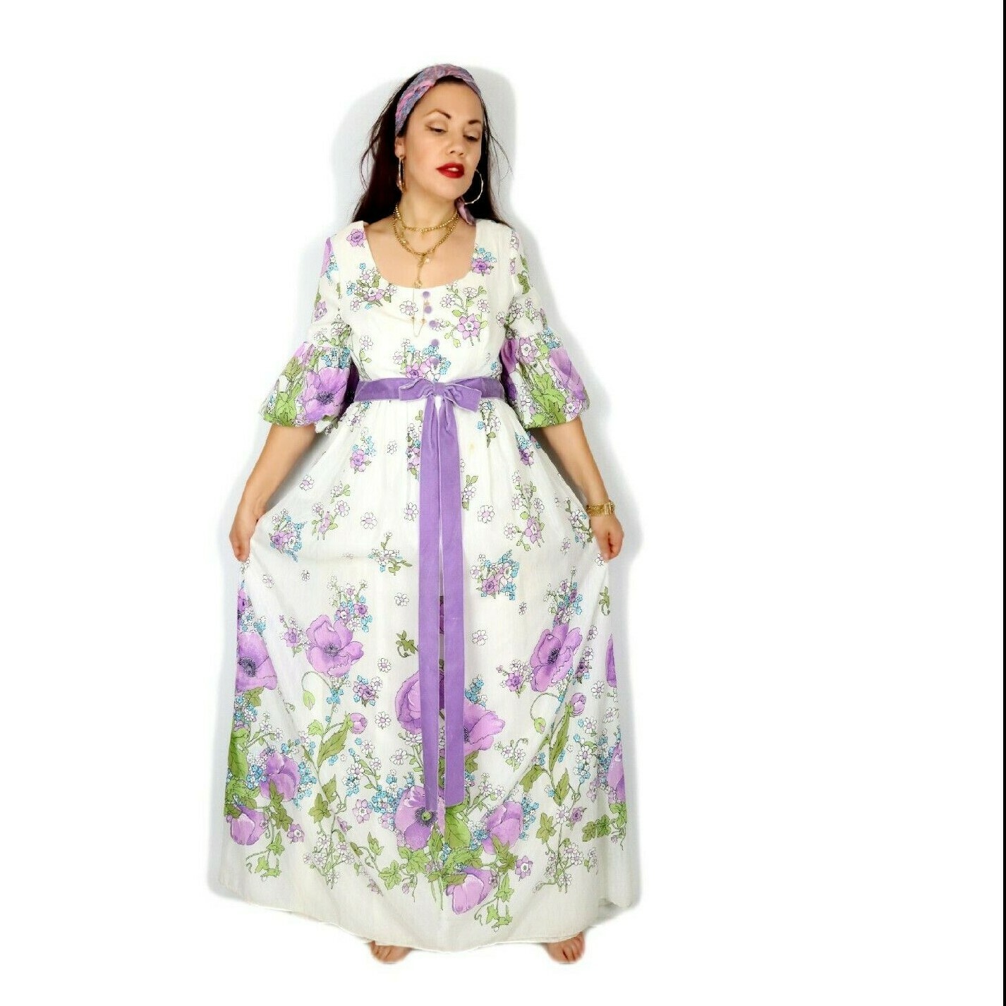 Purple Floral 70s Maxi Dress Ladies S Boho Hippy Retro Festival Prarie Vintage