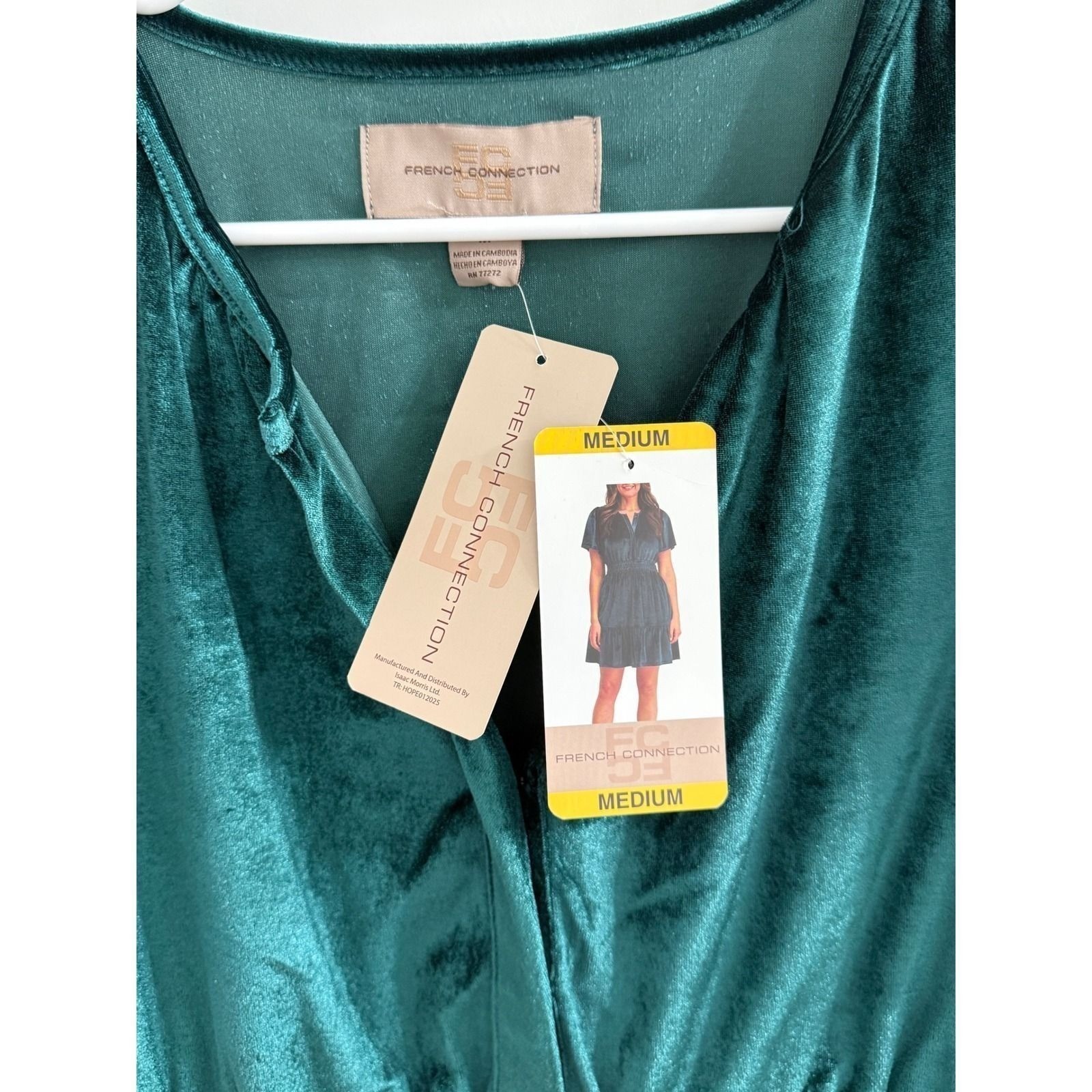 French Connection Emerald Green Velvet Mini Dress Smocked Waist VNeck NWT Medium