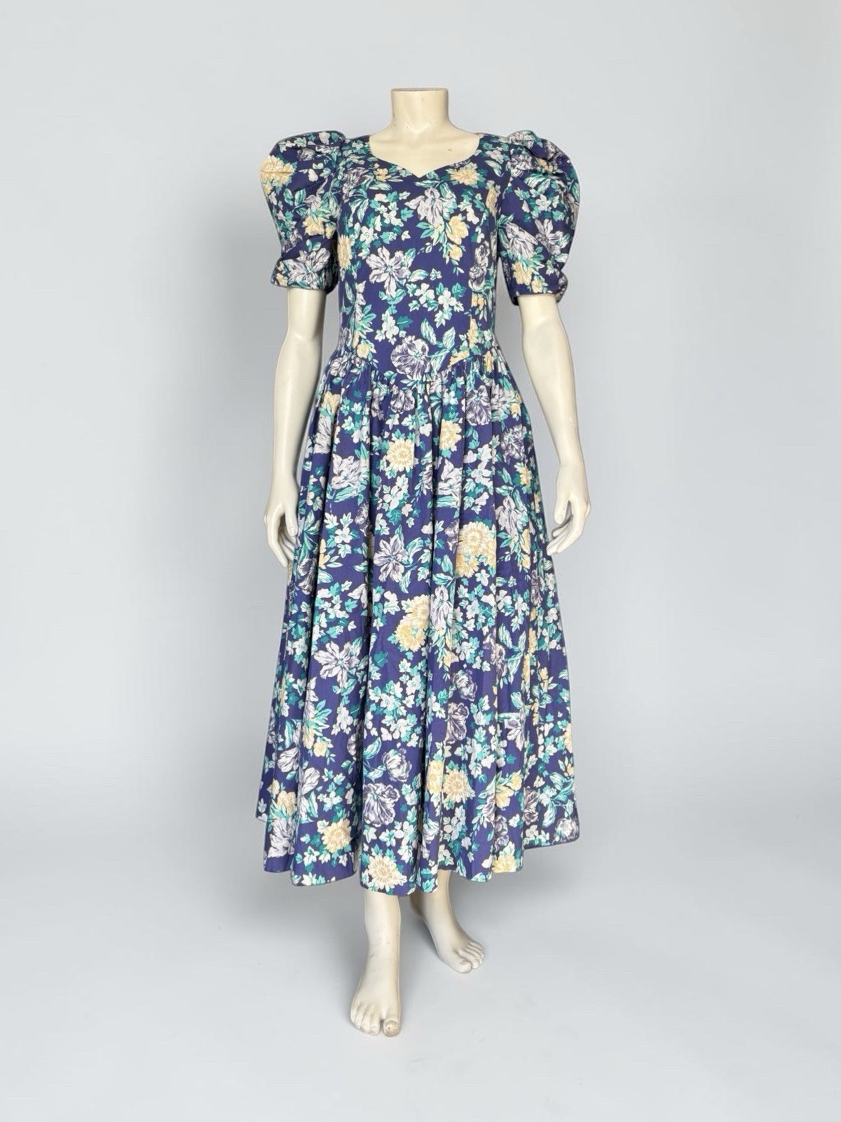 Laura Ashley Vintage Blue Floral Puff Sleeve Midi Dress UK 14 US 12 Cottagecore