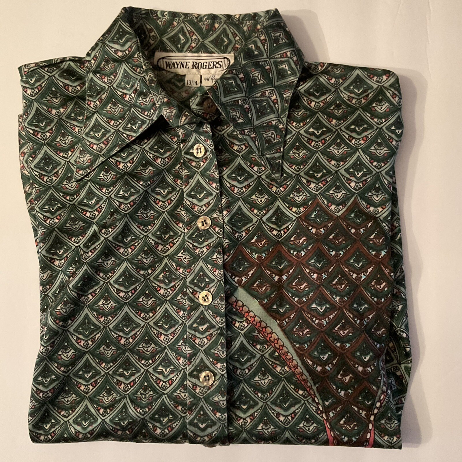 70s Wayne Rogers Shirt Nylon Designer Green Multiprint zipper Graphic M Button