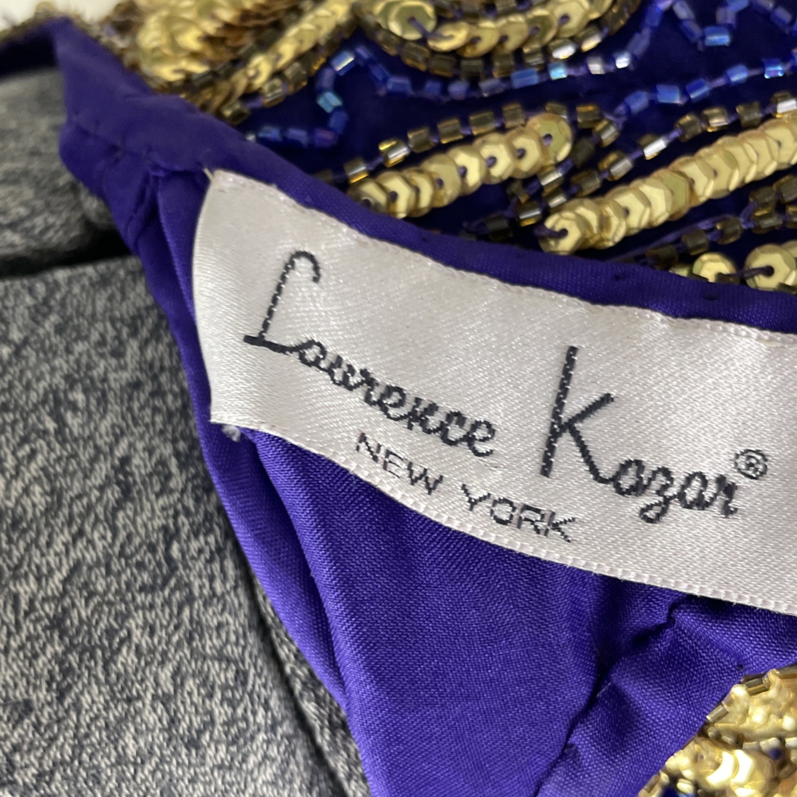 Vintage Lawrence Kazar Cocktail Dress Silk Beaded Sequins Size XS Purple Gold