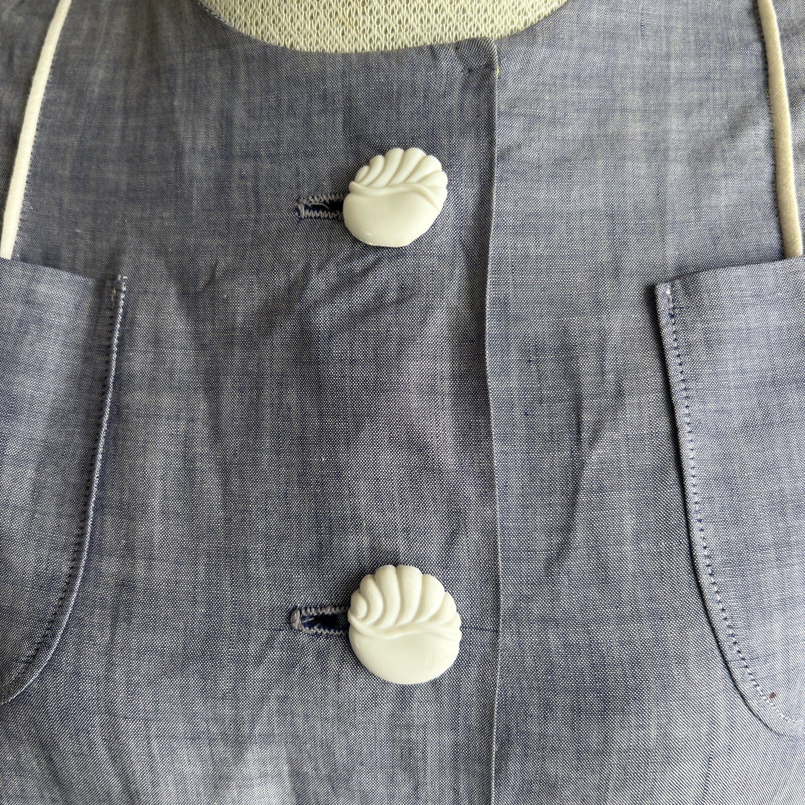 Vintage 1930s Blue Chambray Cotton Midi Dress Bust Pockets Shell Shaped Buttons