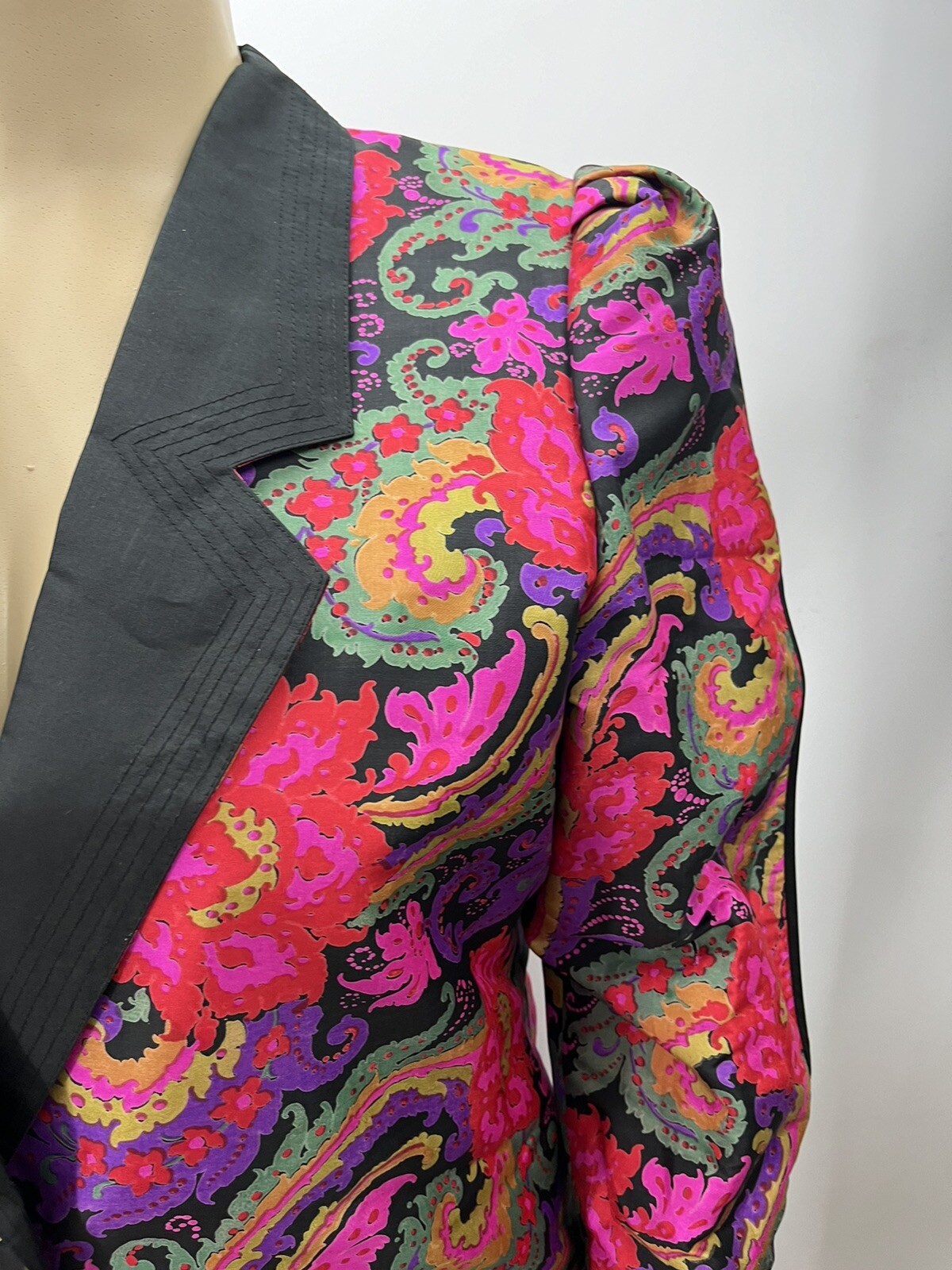Vintage 80s Thai Silk Multicolor Paisley Womens Jacket Split Sleeve Pockets 12