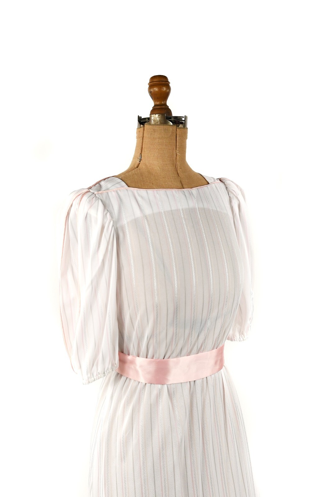 Vintage 80s Semi Sheer White + Pastel Pink Pinstripe Puff Sleeve Preppy Dress S