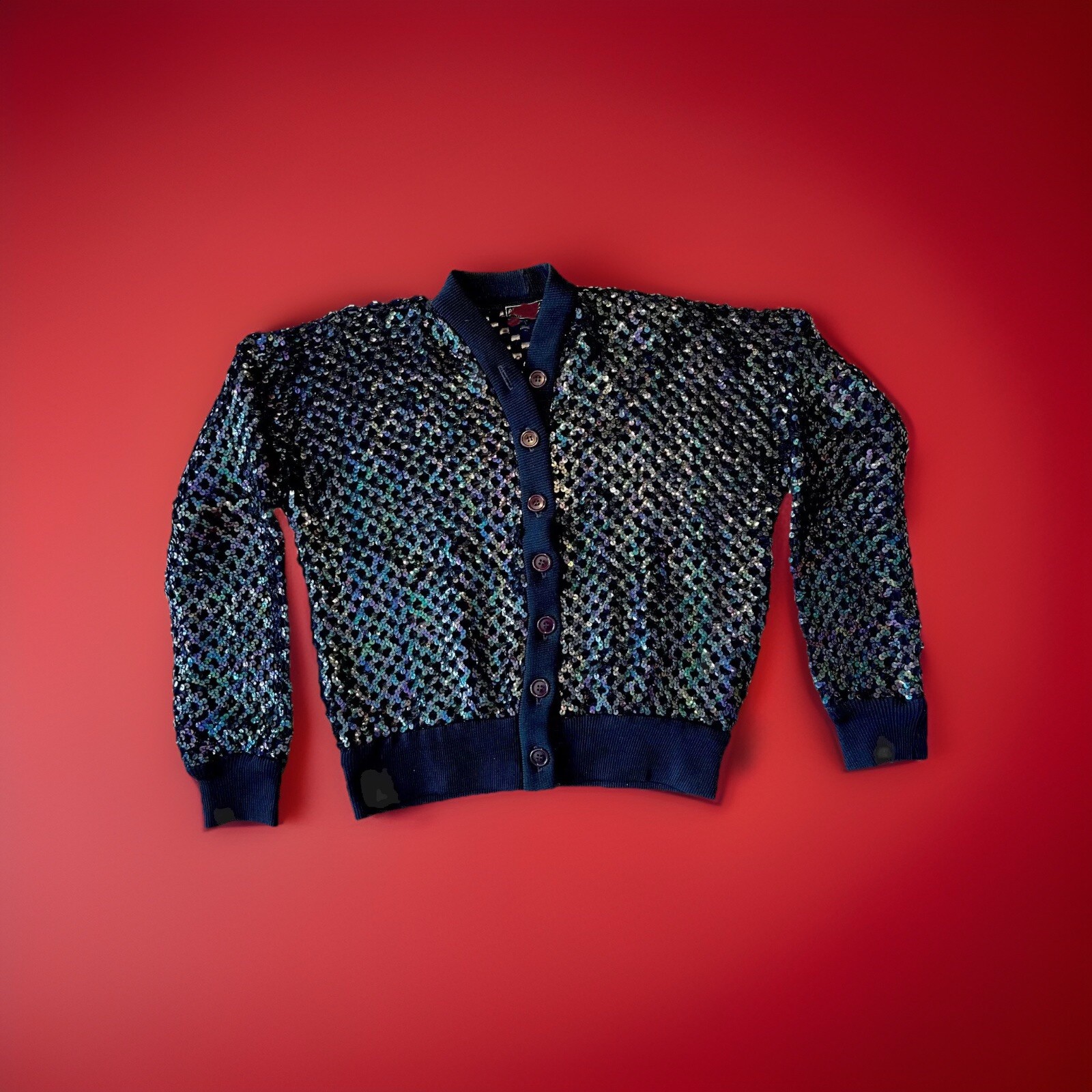 Anthony Muto AM/PM Multi-Sequined ~Sweater Shrug~Blue Button Front Size M/L VTG