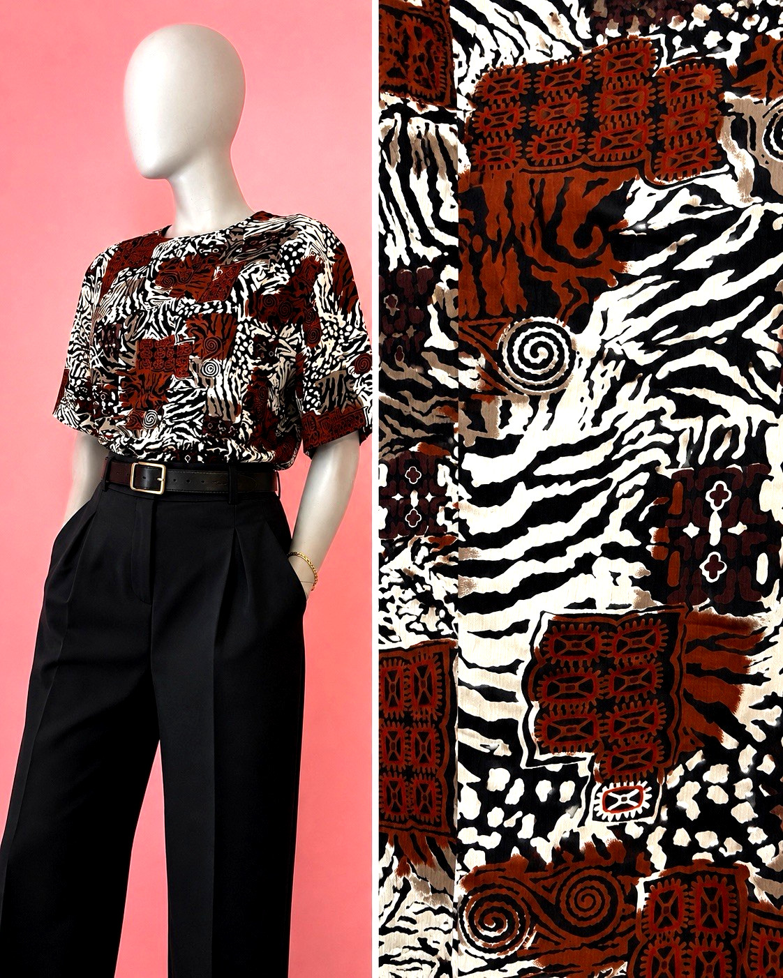 Vintage Tribal Animal Print Safari Blouse Zebra Abstract 80s 90s boxy Top M L