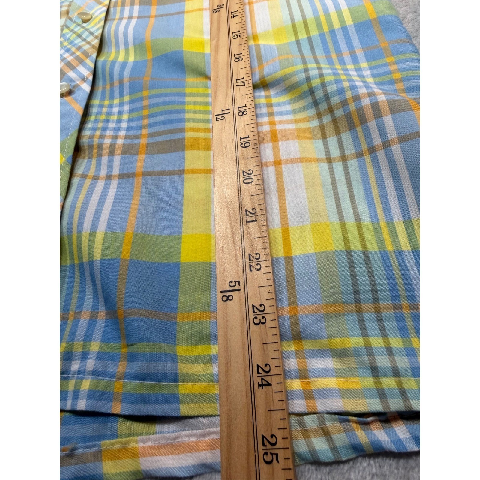Vintage 70s Plaid Dagger Collar Button Down Blouse Blue Yellow Orange Size 14