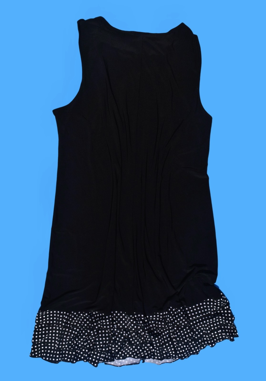90s Vintage Black Sleeveless Drop Waist Dress with Polka Dot Tiered Hem