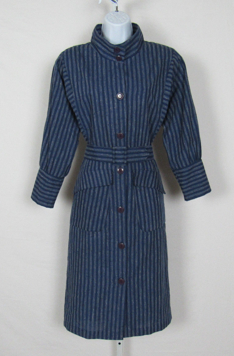 VTG 1970s 80s ALEXIS FASHIONS INC. DRESS SIZE 8 BLUE GRAY COTTON BLEND? BELT
