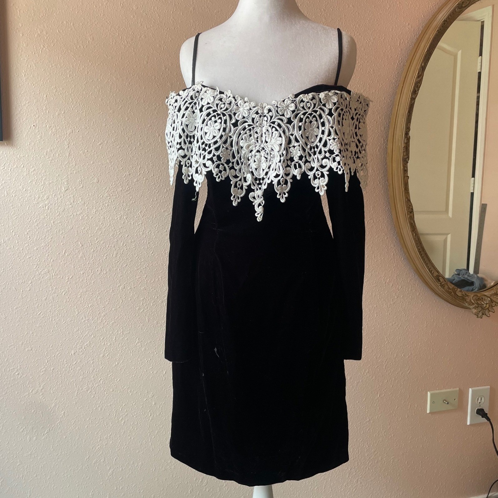 Vintage 80s / 90s Velvet Off the Shoulder Lace Cocktail Dress