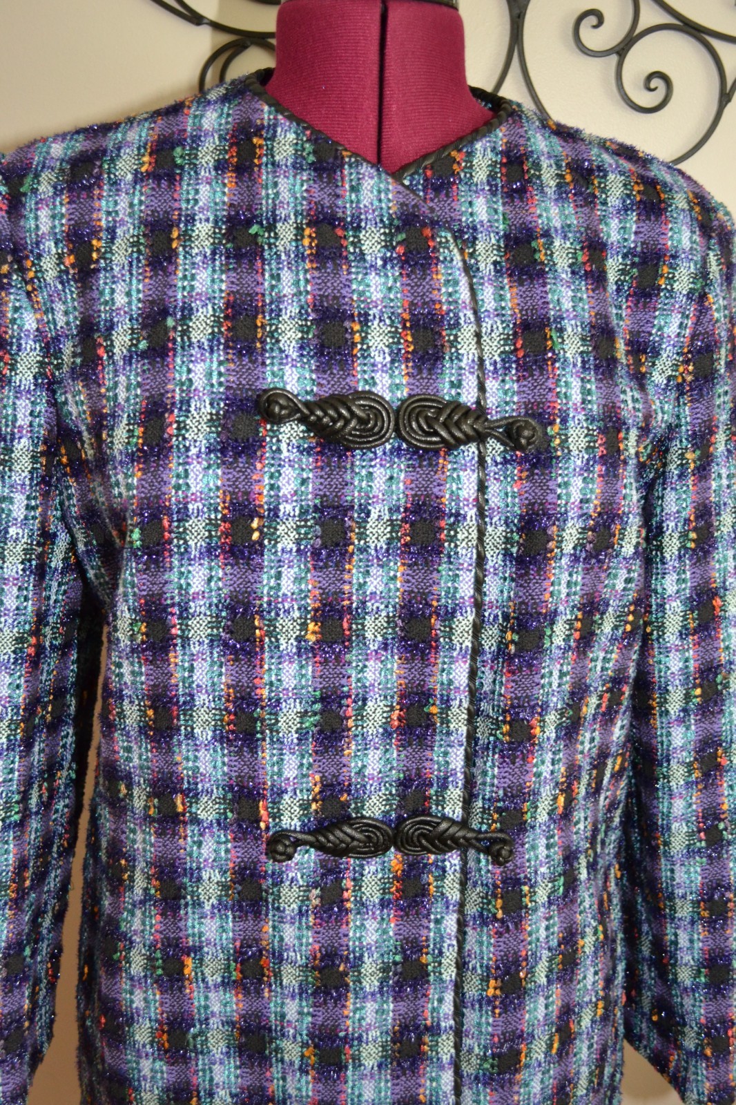 VTG Doncaster Tweed Skirt Suit Set 12 14 Faux Leather Trim Quiet Luxury NWT