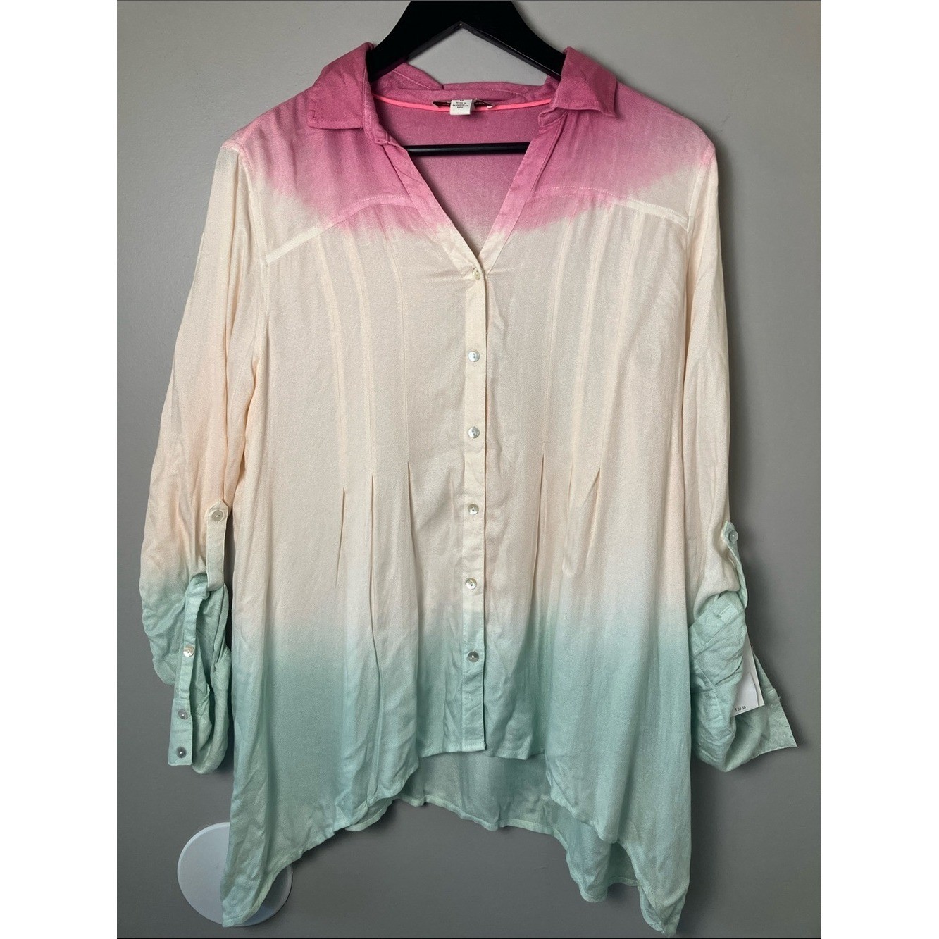 NWT Vintage America Ombre Button-Down Medium Shirt Boho Beachy Pink Mint Green