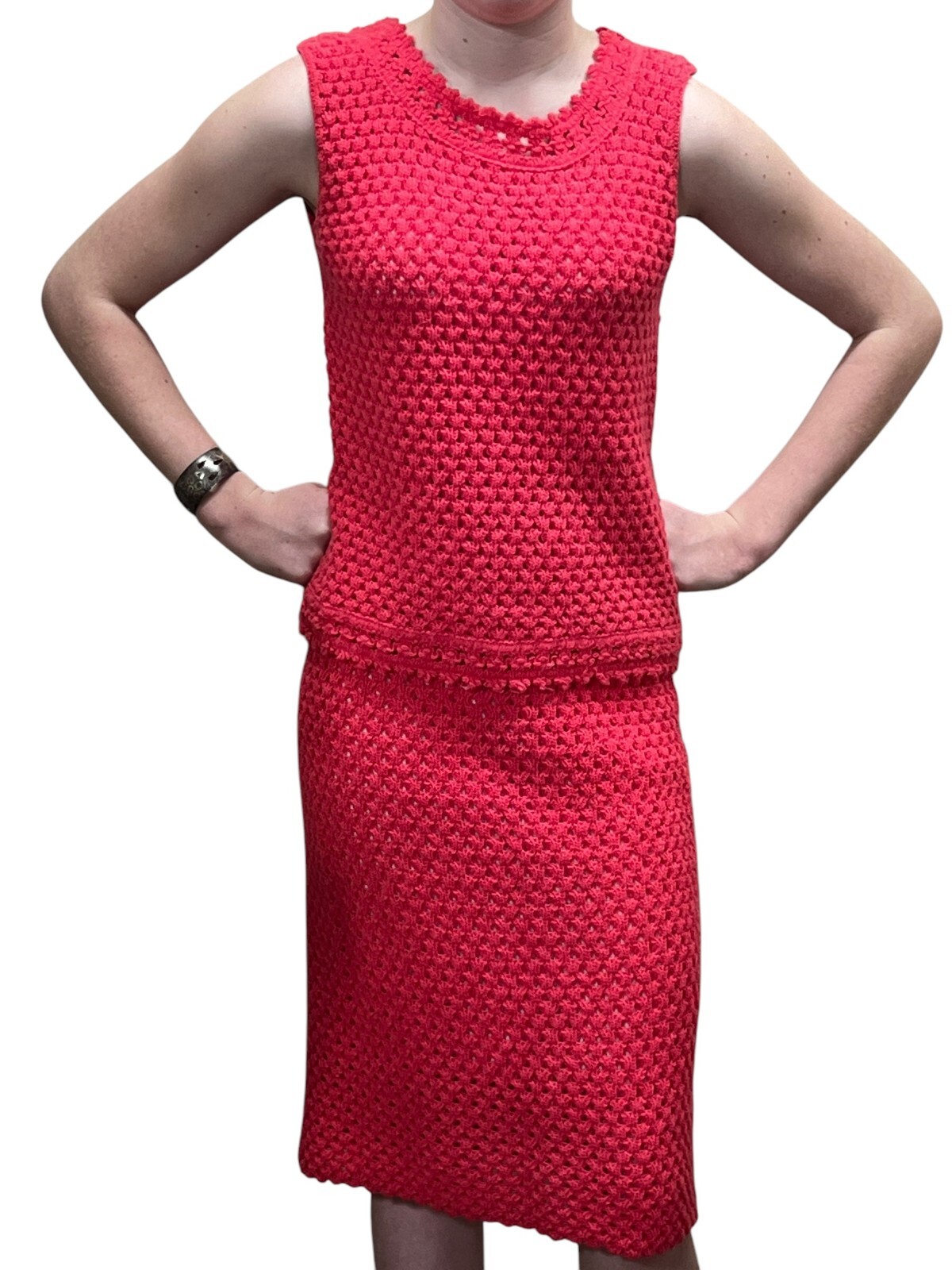 XS~ S Vtg 60s Coral 2 Pc Dress Set Open Knit Sears Acrylic Sweater Skirt Outfit