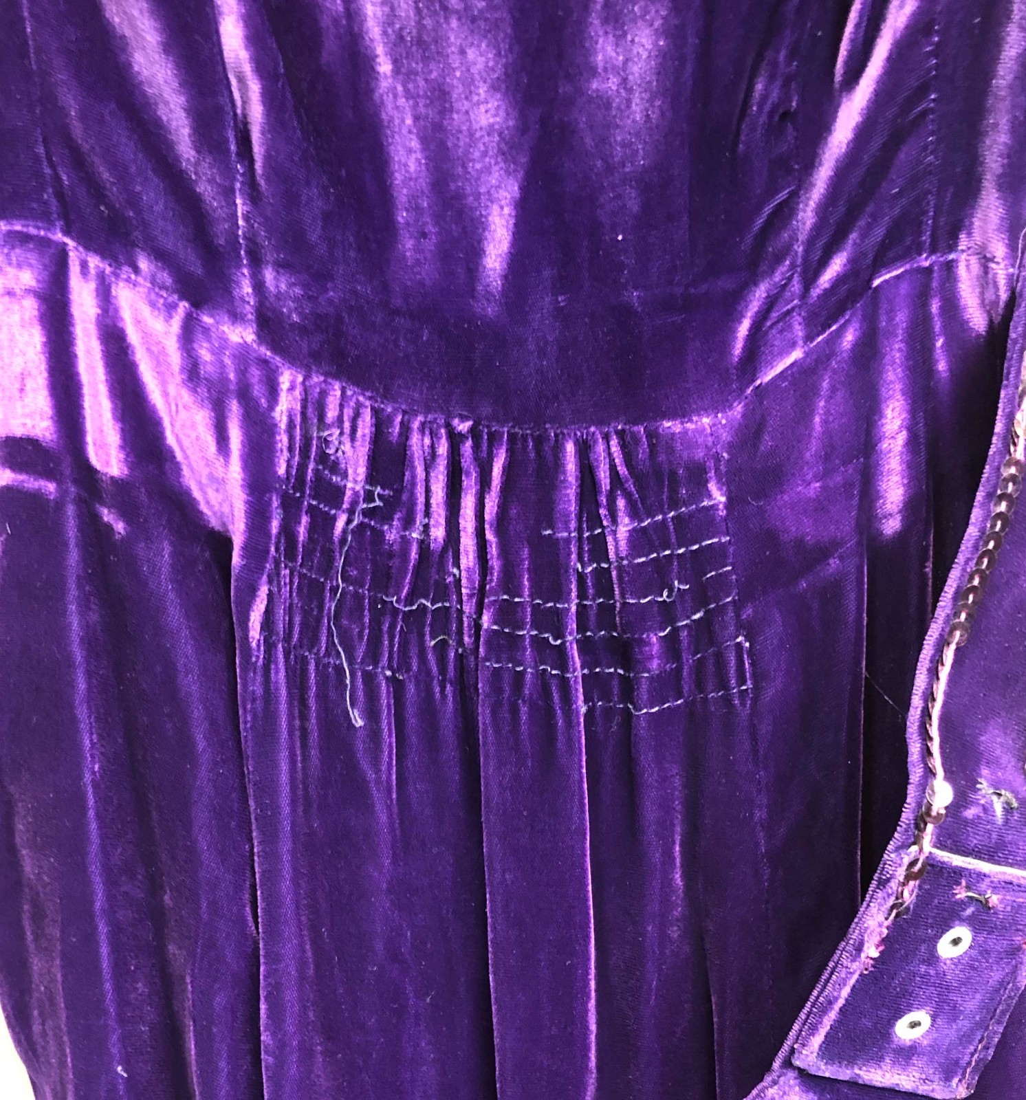 1910’s 1920’s 1930’s Purple Velvet Midi Dress with Sequins, Mesh Sleeves