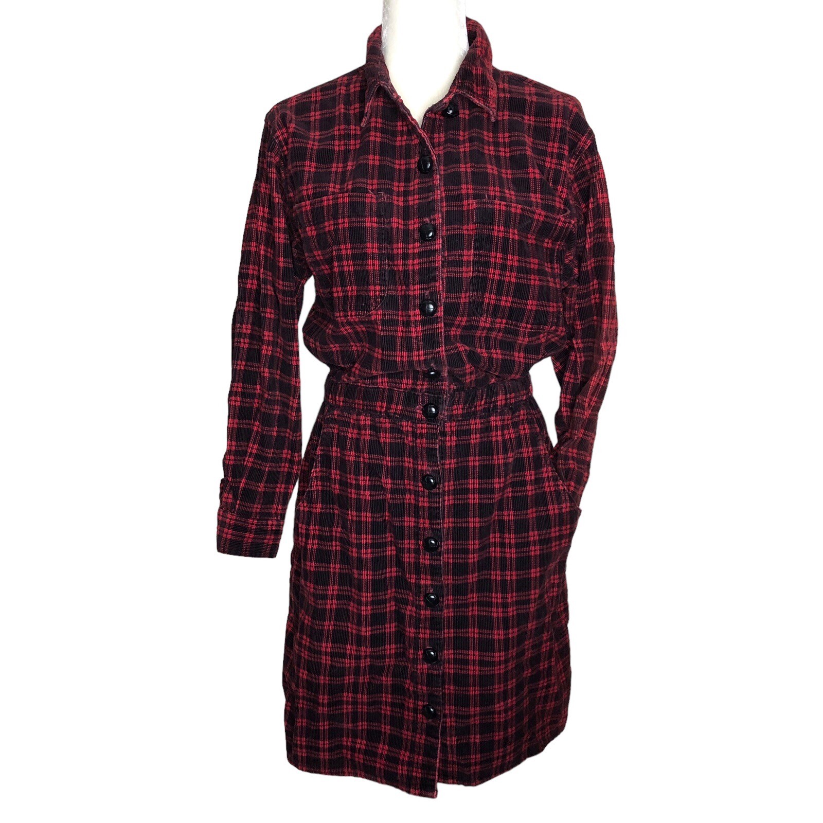 Vintage Fads Red Black Cottagecore Soft Cotton Corduroy Shirt Dress Size 12