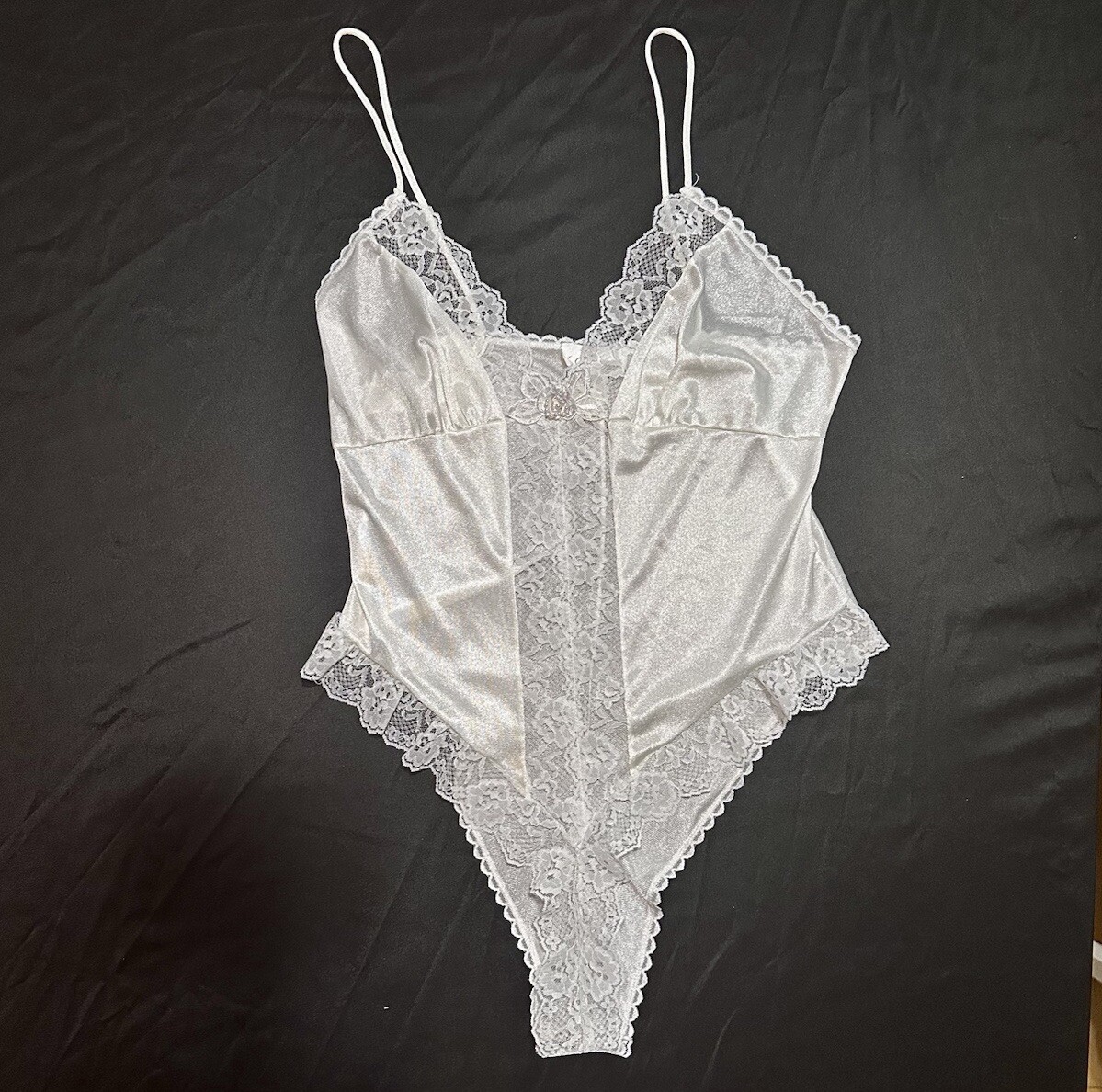 Vintage 1980s Inner Most Snap Crotch bridal Bodysuit Teddy Lingerie w lace