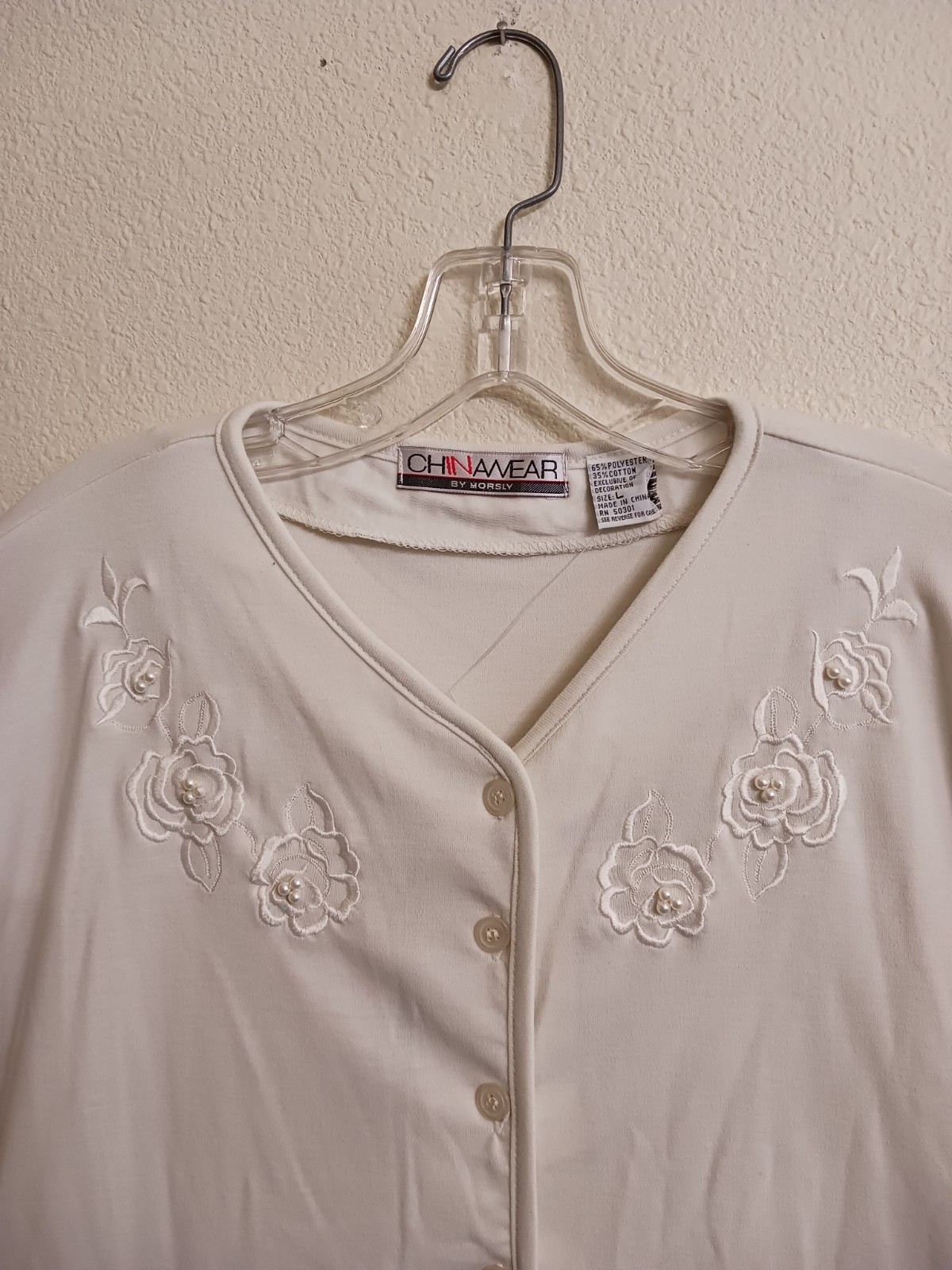 Chinawear by Morsly White L Vintage Sears Button Beaded Short Sleeve Sweater NWT