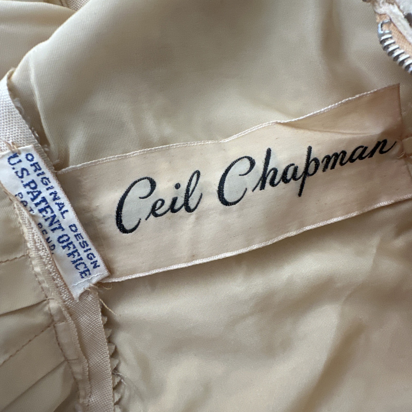 Ceil Chapman 50s Patented Champagne Gold Satin & Beaded Bustier Sarong Gown XS