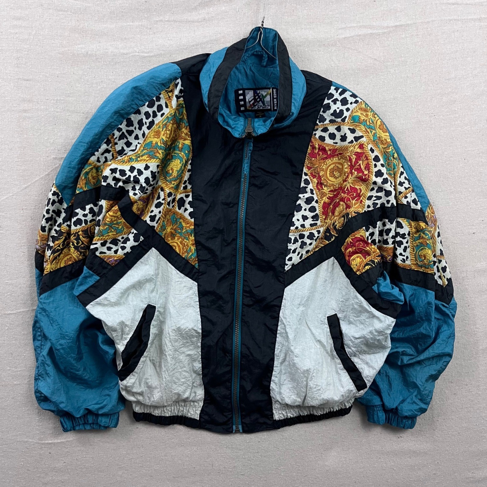 River Edge Sport Windbreaker Womens Medium Teal Baroque Animal Print 90s Vintage