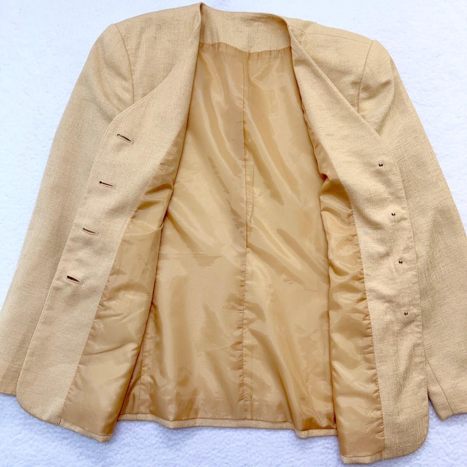 VTG Kasper 2PC Pant Suit Linen Look Pleated Lined Pockets Yellow Career Size 6P