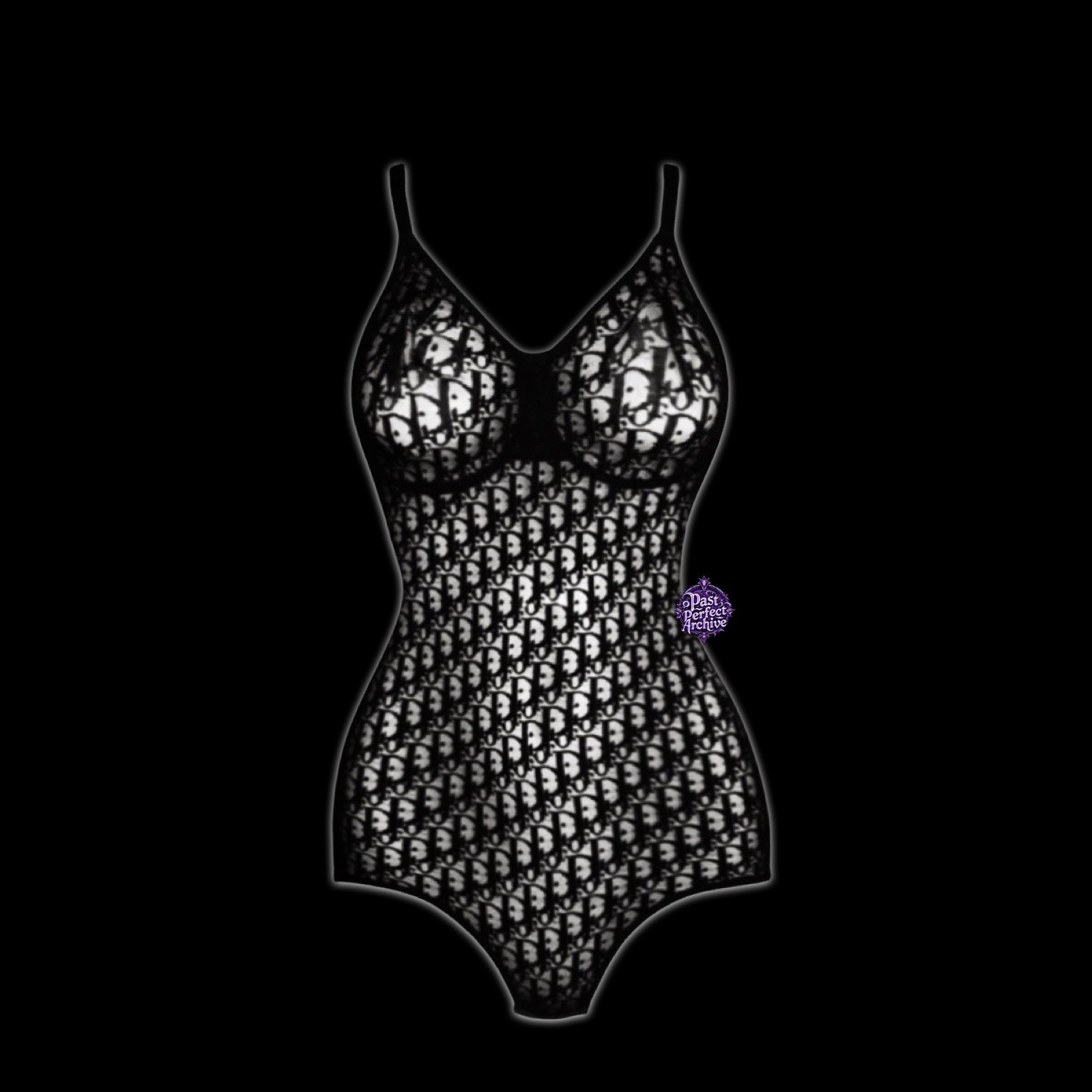 Dior John Galliano 2000s Jacquard Black Monogram Logo Sheer Bodysuit Lingerie