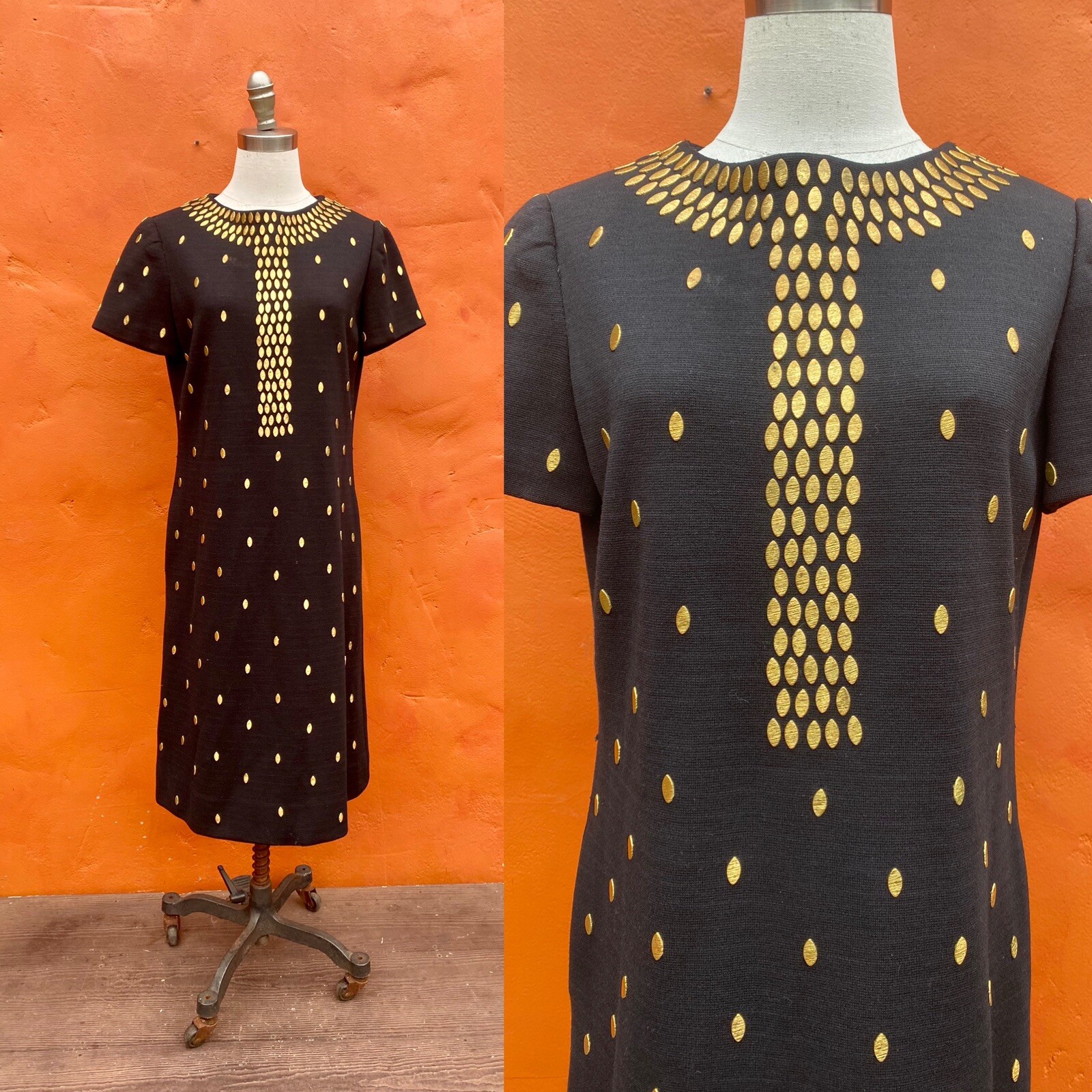 Vintage 1960s Mod Wool Sheath Dress Black Gold Metal Beaded Carlye pockets