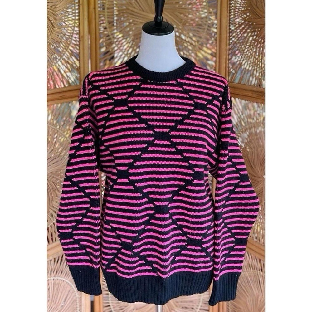 Mountain Lid Woolens Pink Black Retro Geometric Striped Crewneck Wool Sweater M
