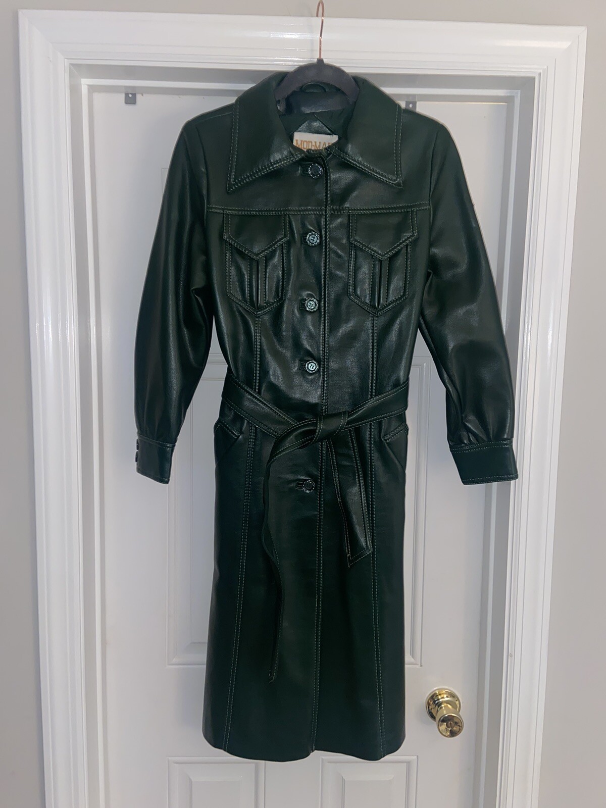 Mod Maid Vintage Pleather Green Long Belted Jacket Coat RARE Womens Size 8