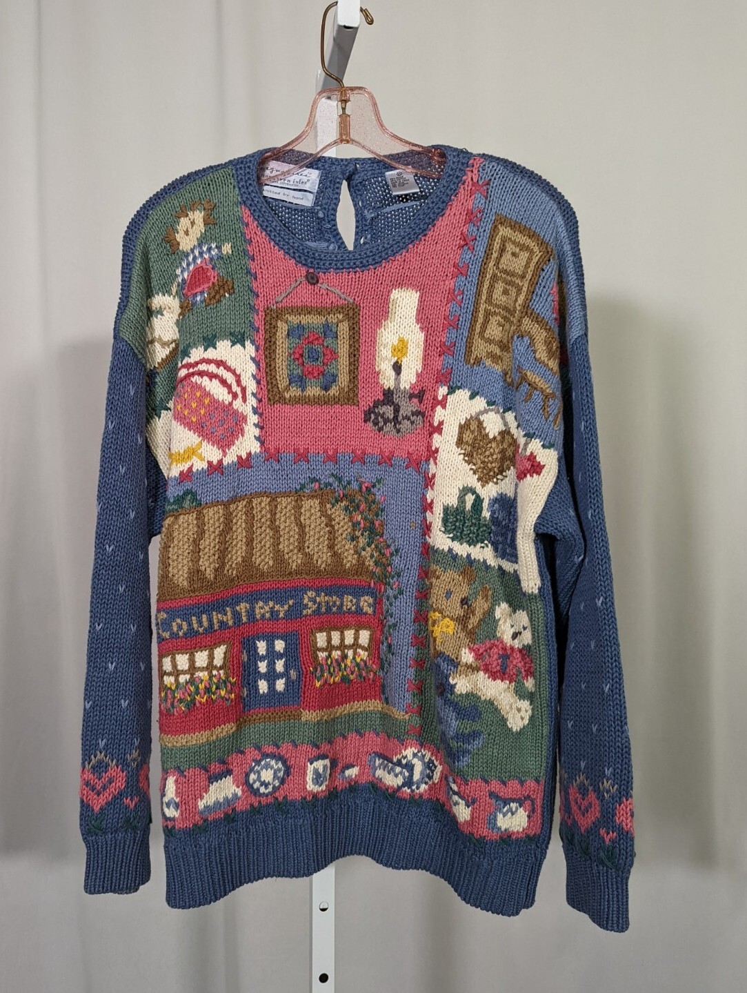 Vintage 80s 90s Cottagecore Hand Knit Sweater Quilt Patch Collage XL